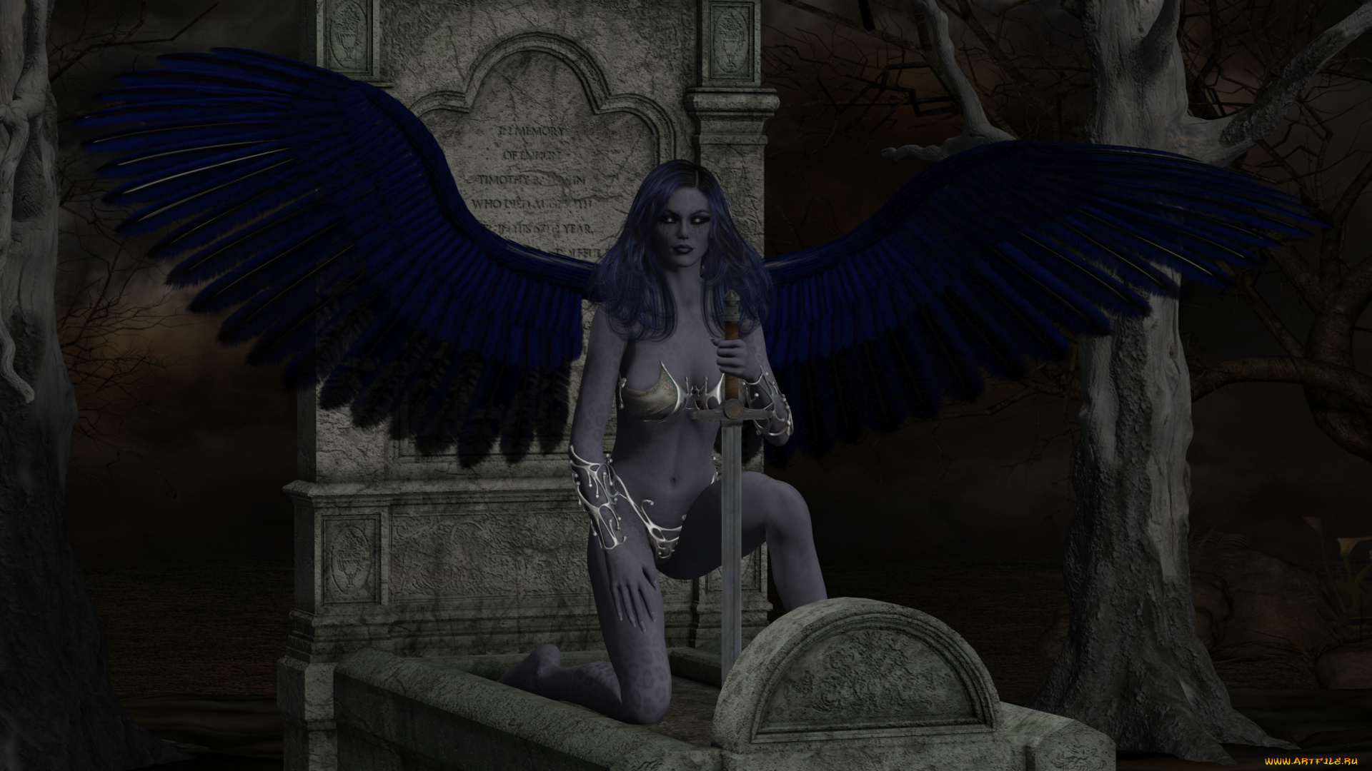 3д, графика, существа, , creatures, девушка, взгляд, фон, демон, меч