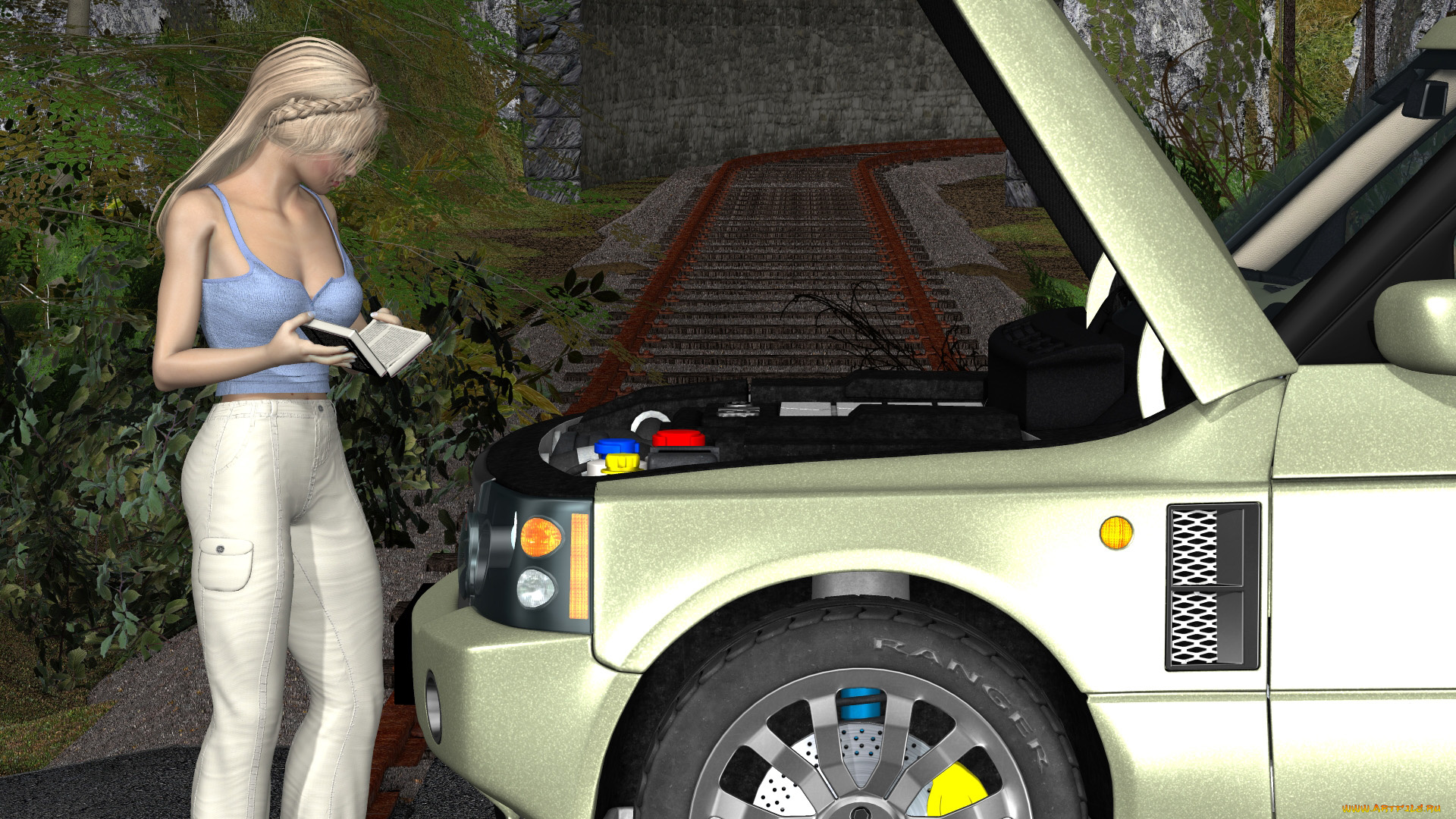 автомобили, 3d, car&girl, автомобиль, фон, взгляд, книга, девушка