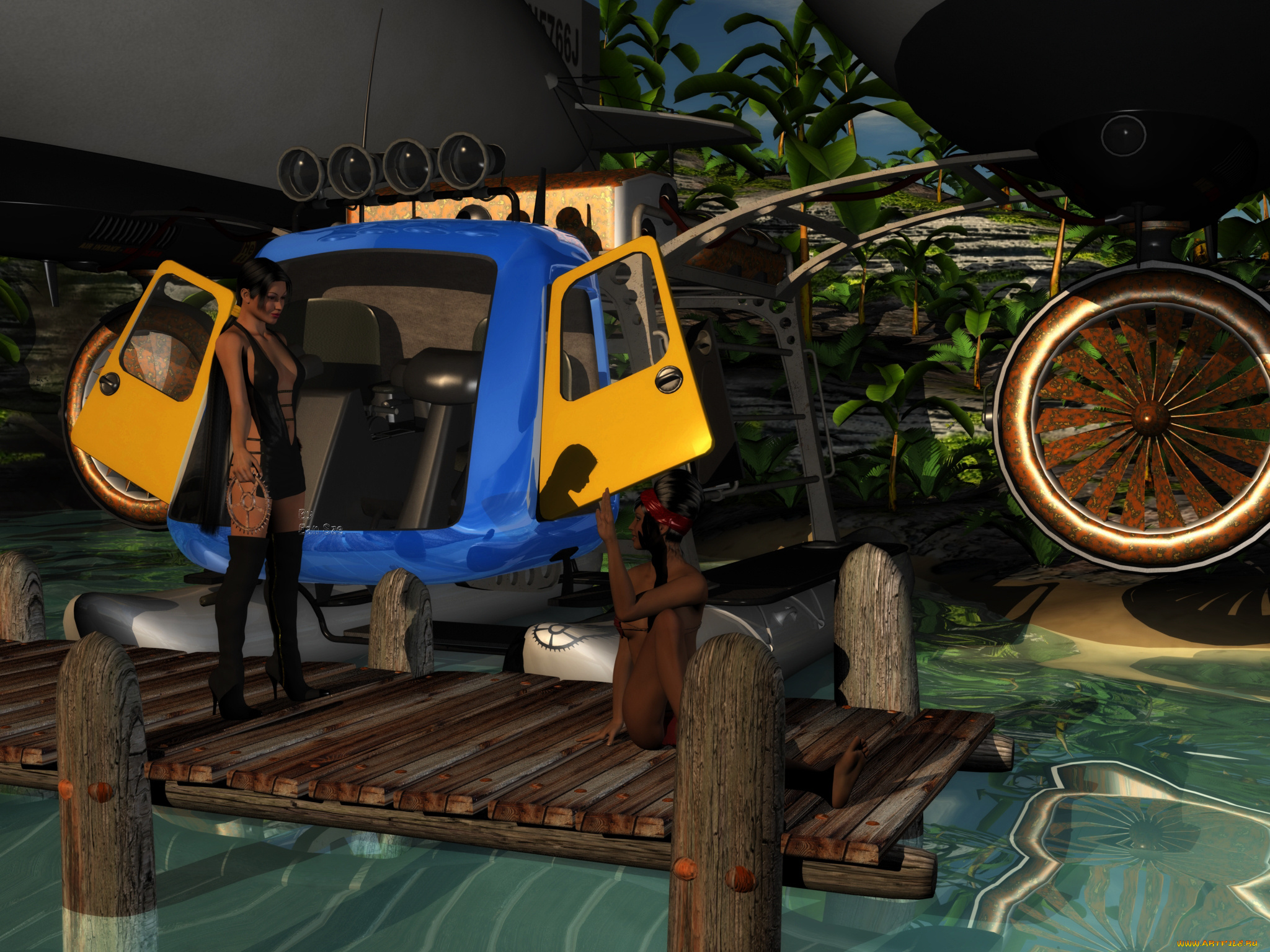 3д, графика, фантазия, , fantasy, фон, взгляд, девушки, пирс, вертолет