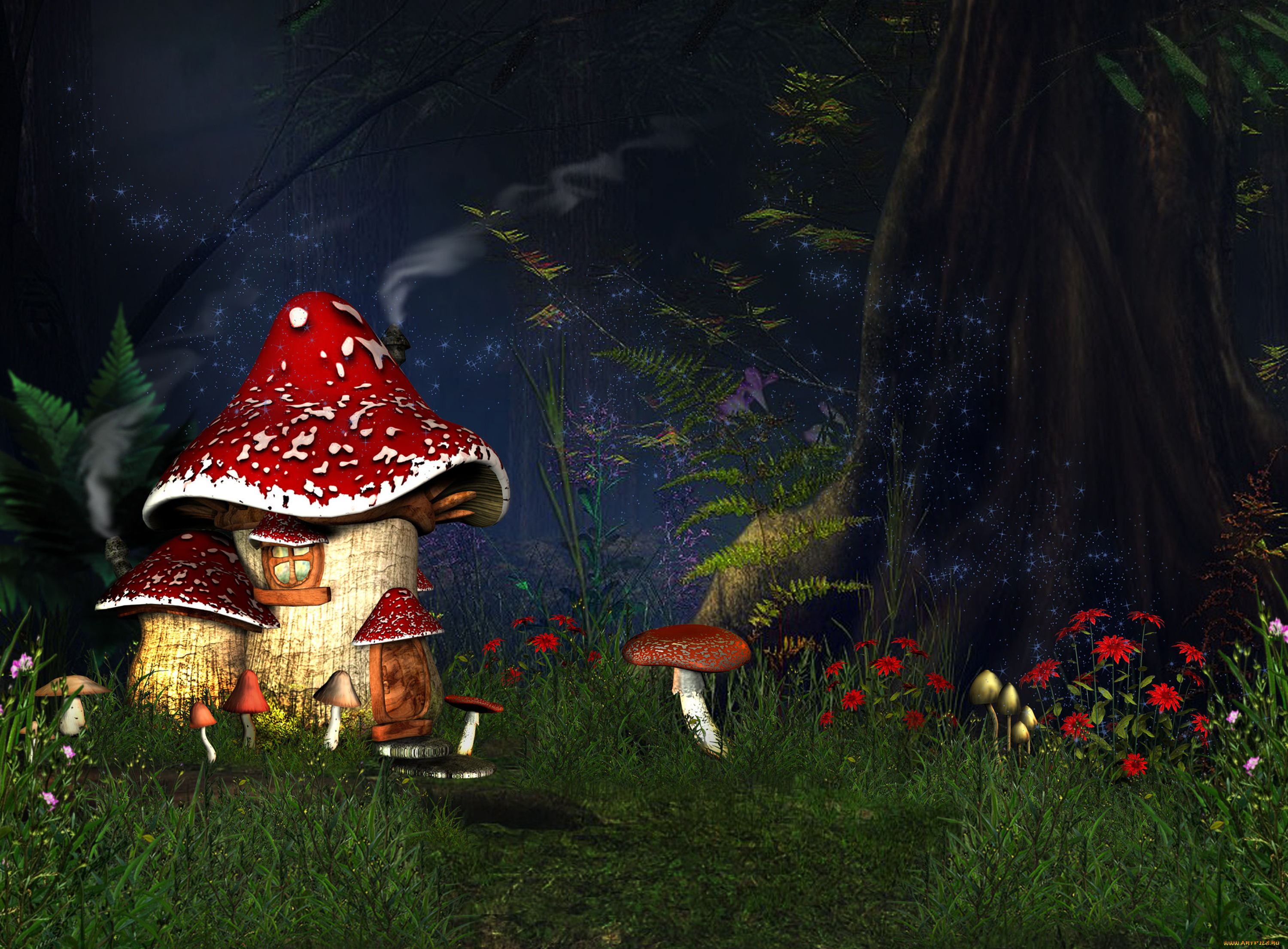 3д, графика, фантазия, , fantasy, грибы, мухоморы, лес, трава, пыльца, цветы, домик