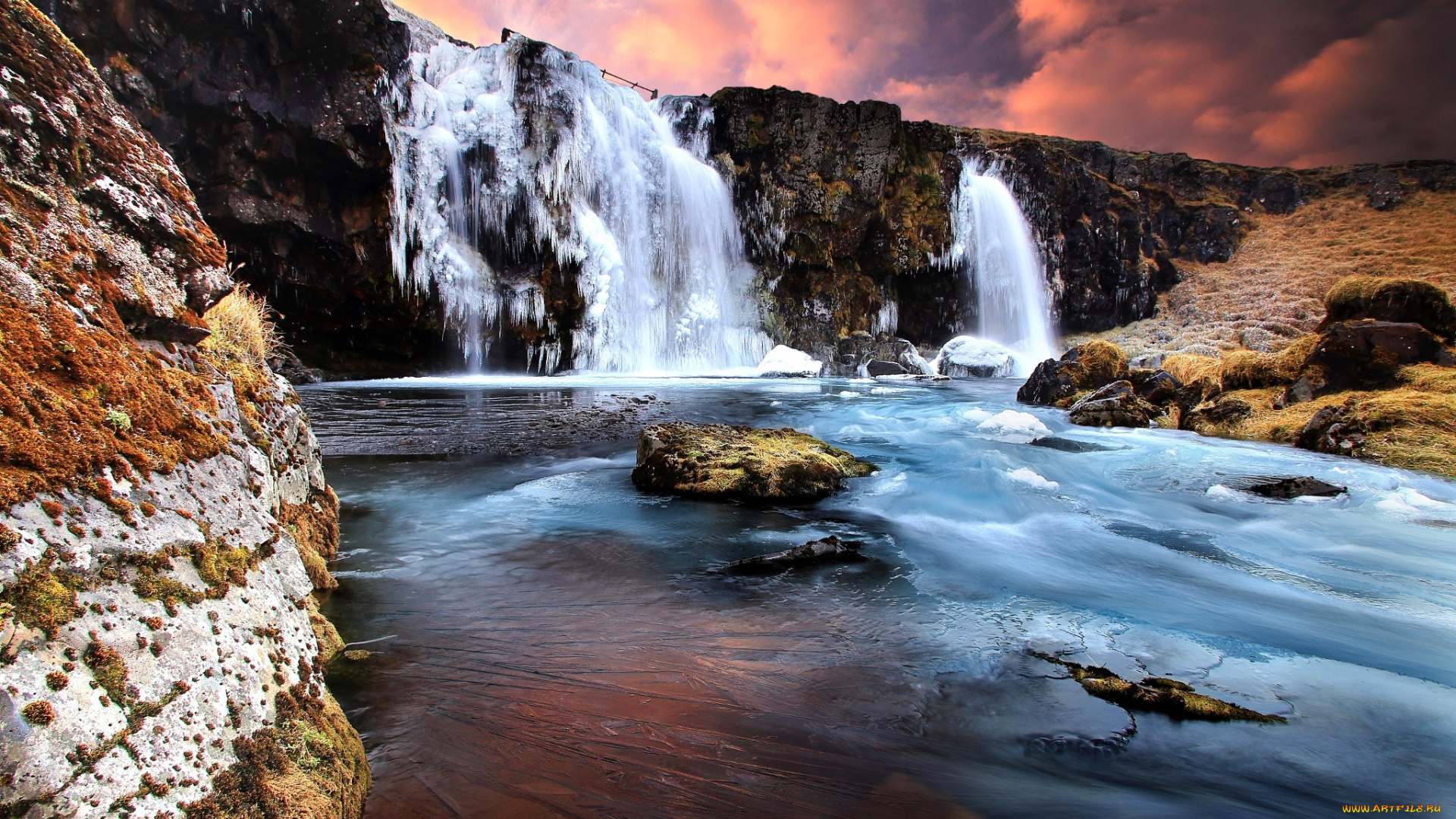 природа, водопады, водопад, зима, лед, скалы, река, закат