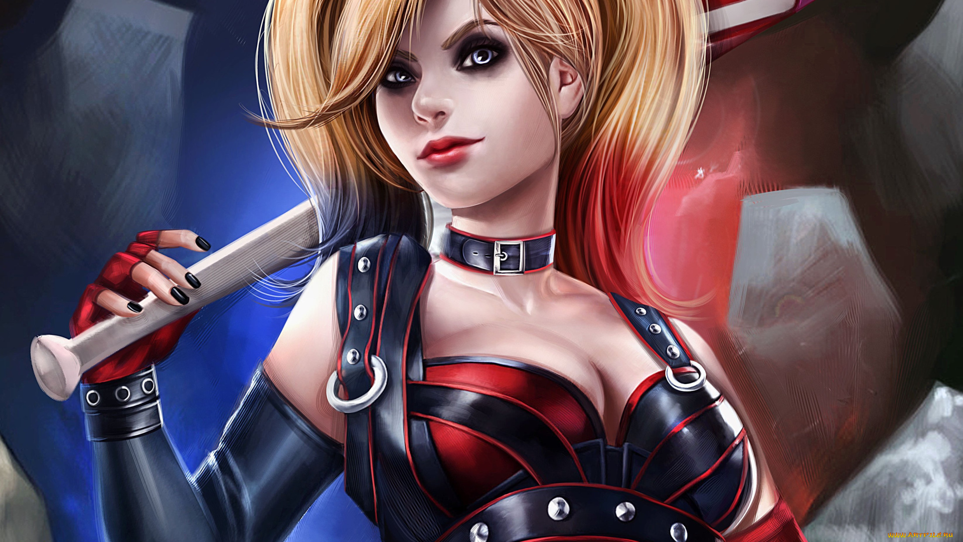рисованное, комиксы, девушка, harley, quinn, арт, игра, костюм, batman, бита, персонаж