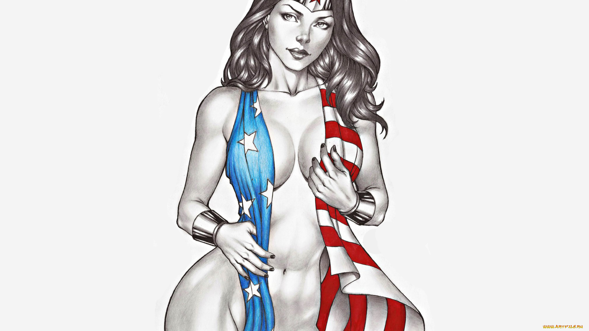 рисованное, комиксы, взгляд, фон, девушка, флаг