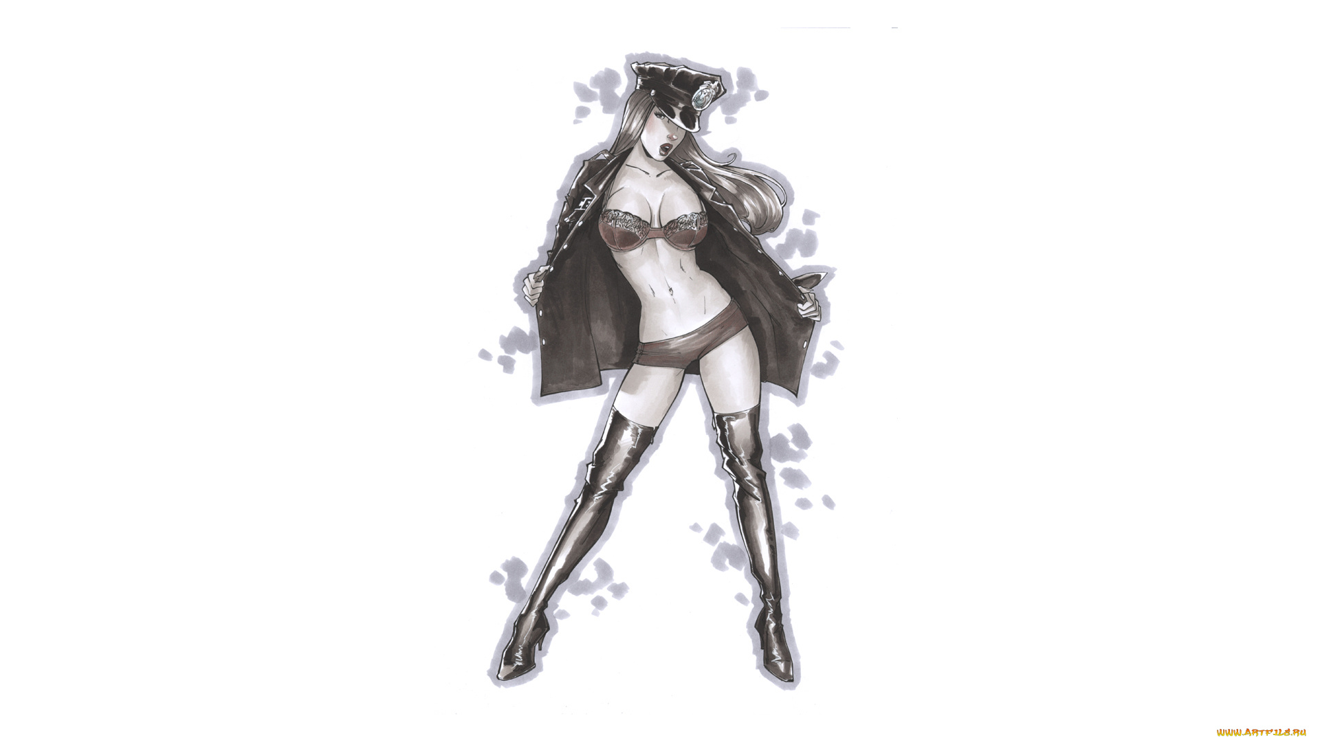 рисованное, люди, униформа, фон, взгляд, девушка