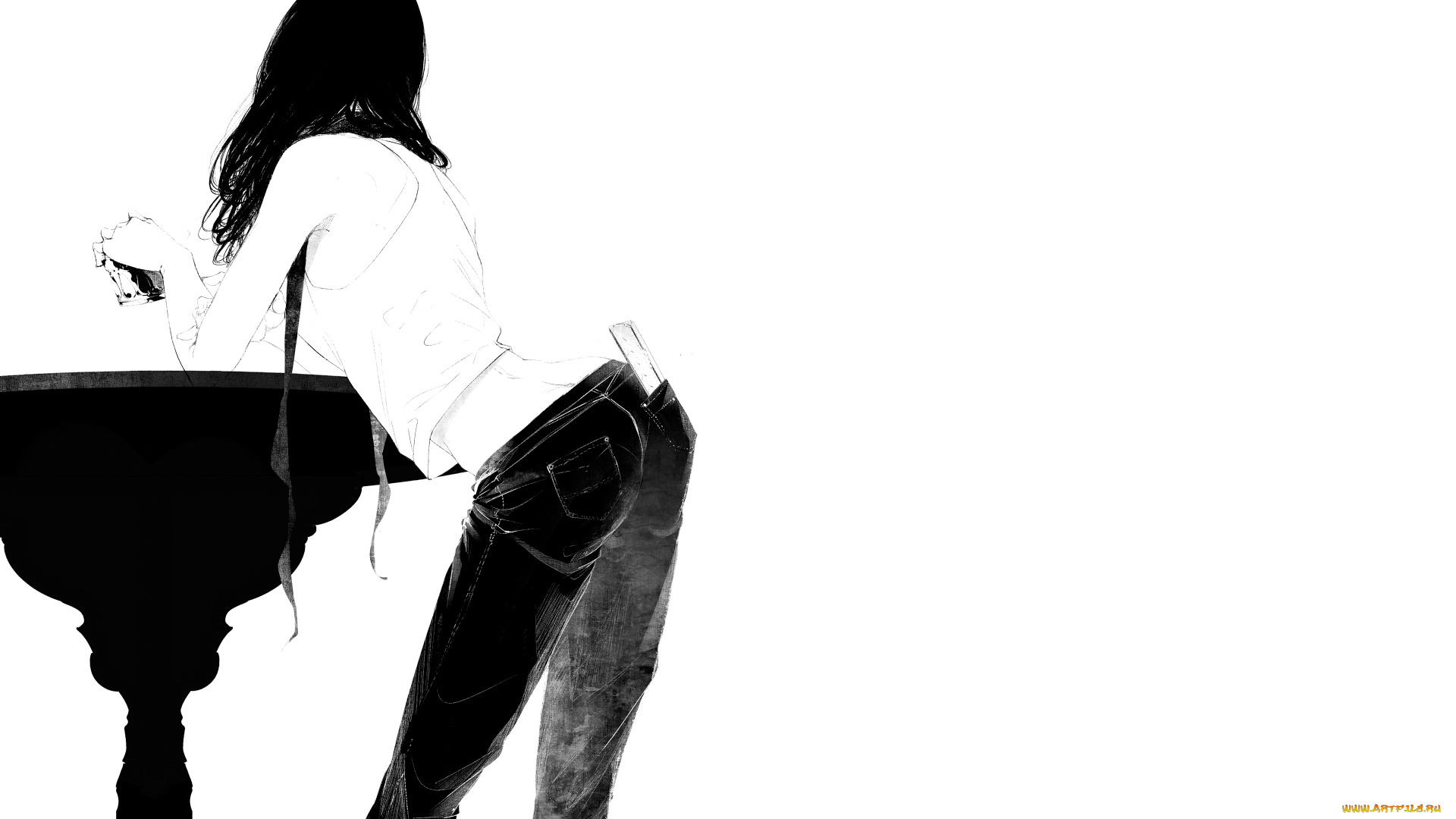 рисованное, минимализм, стол, стакан, спина, девушка