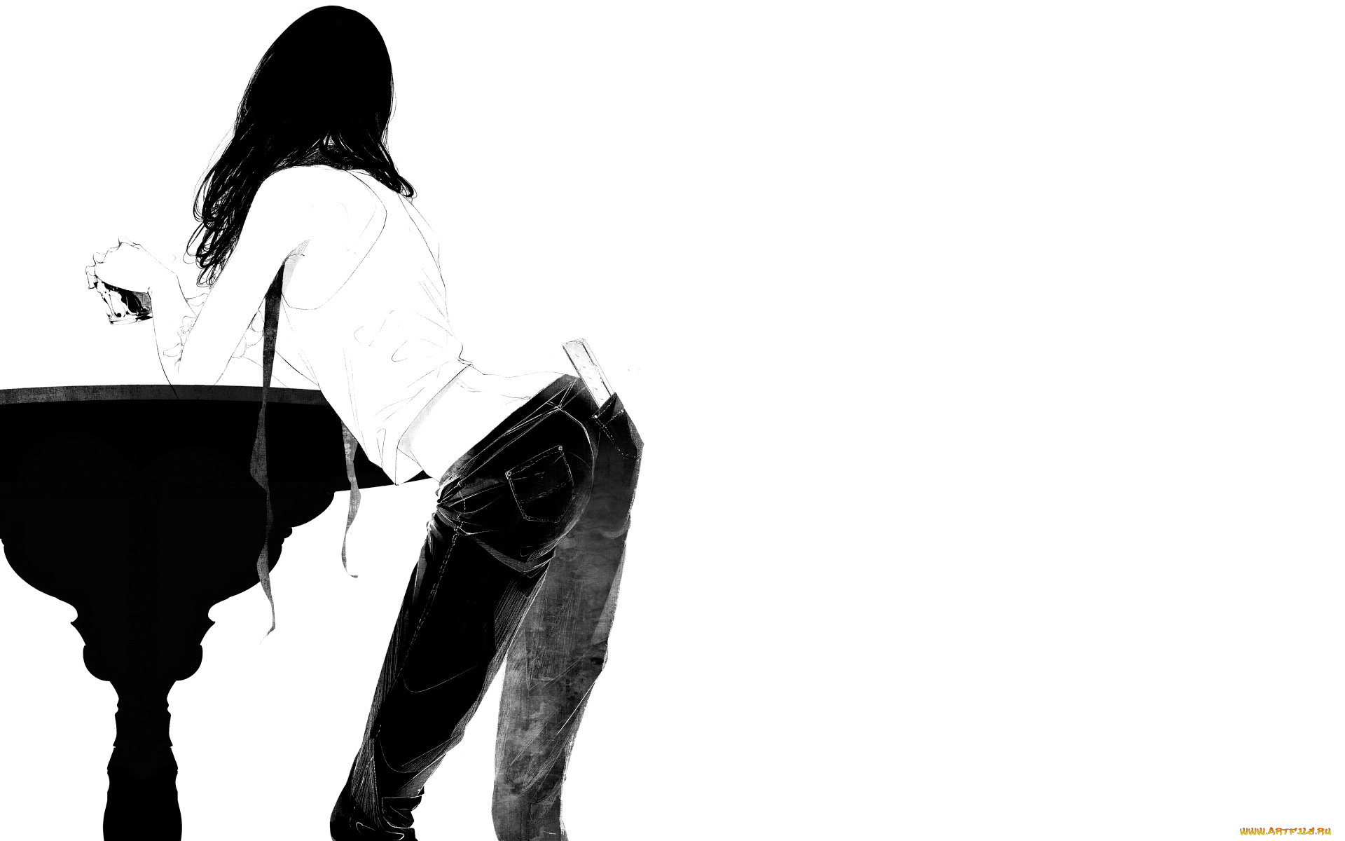 рисованное, минимализм, стол, стакан, спина, девушка