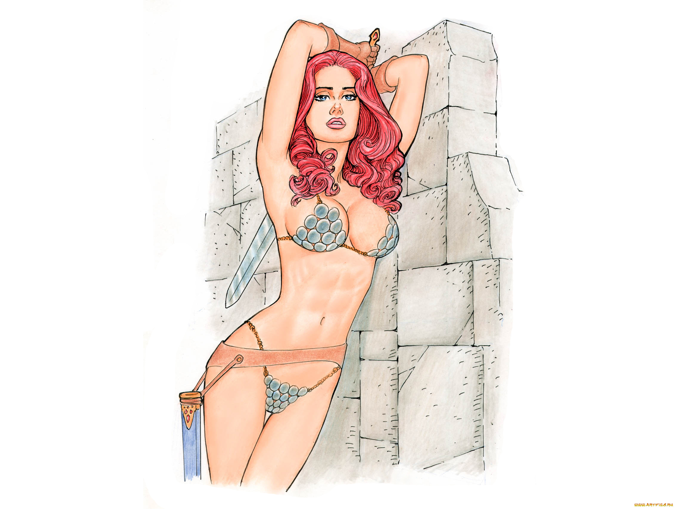 рисованное, комиксы, взгляд, фон, девушка, меч