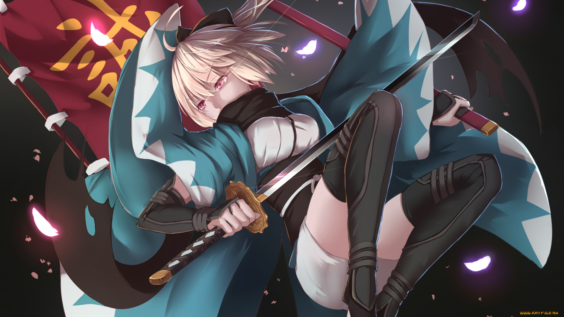 аниме, fate, stay, night, шарф, меч, прыжок, оружие, девушка