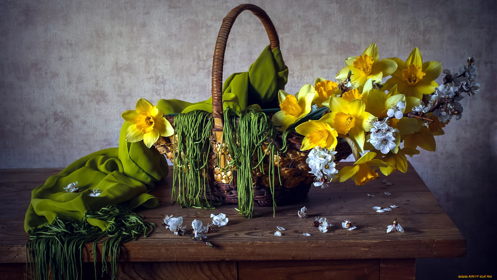 цветы, букеты, , композиции, ветка, композиция, шарф, корзинка, нарциссы