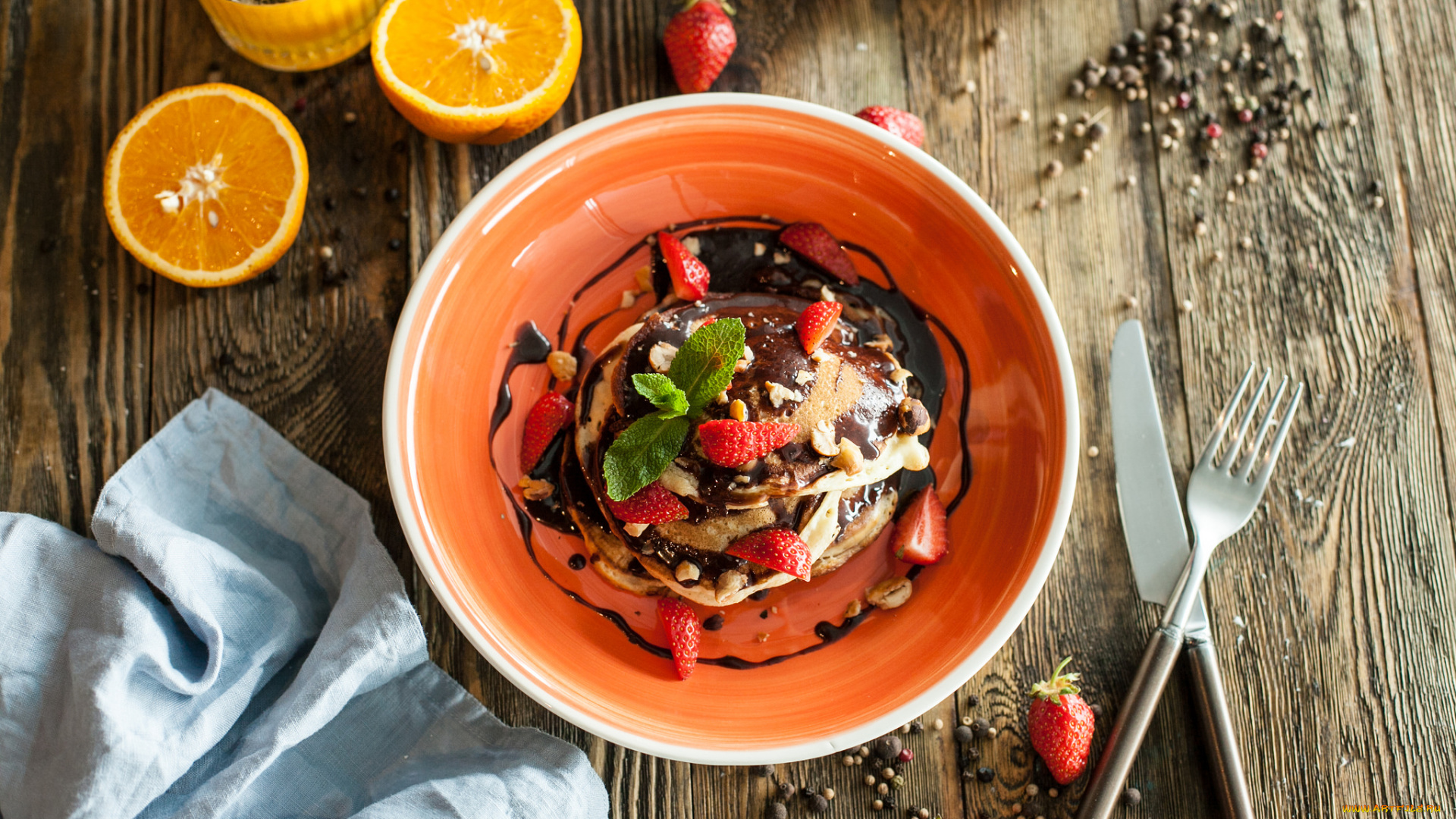 еда, блины, , оладьи, шоколад, завтрак, клубника, оладьи