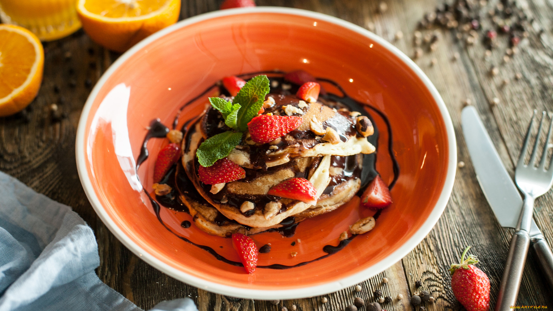 еда, блины, , оладьи, завтрак, шоколад, клубника, оладьи