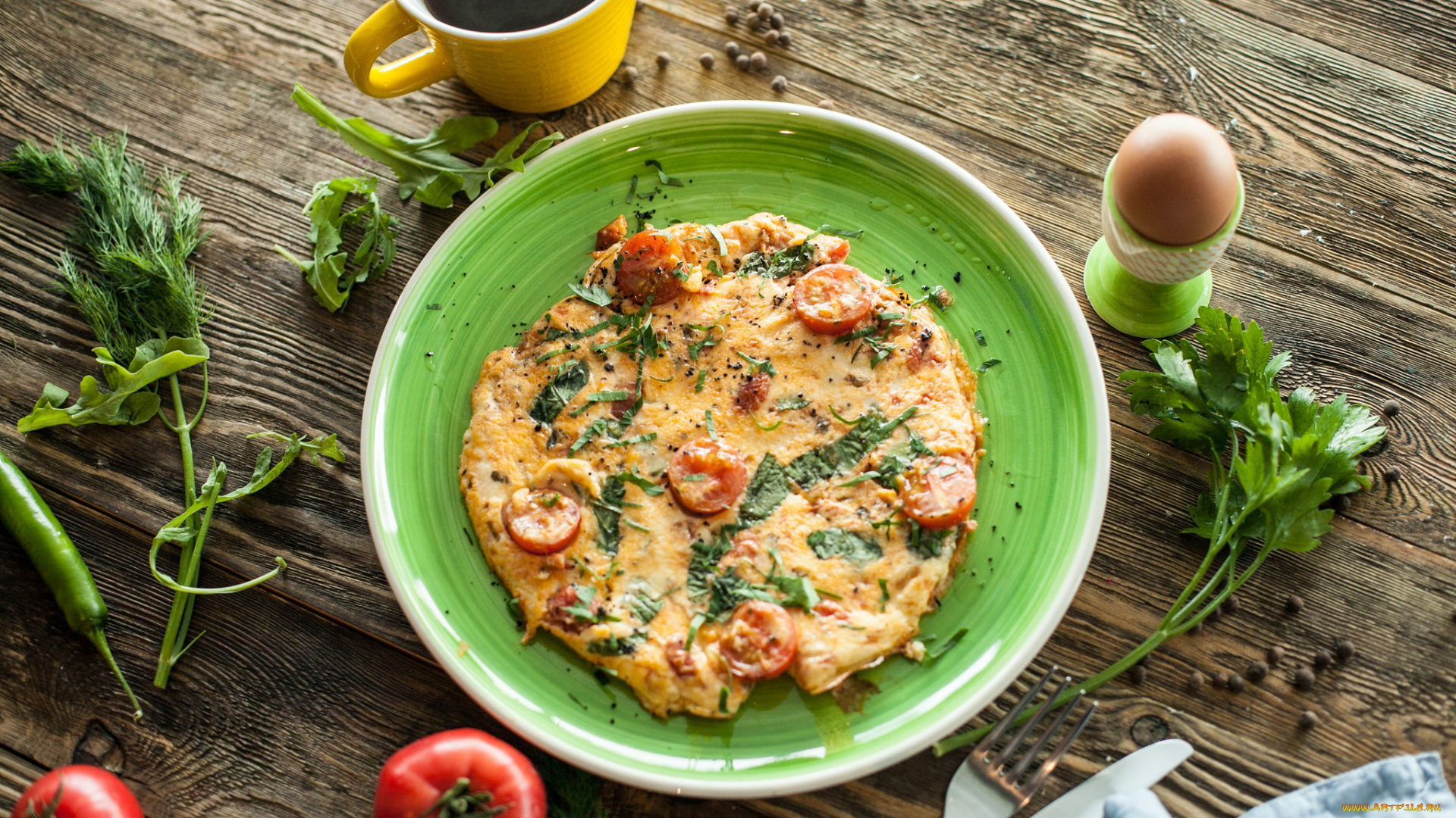 еда, Яичные, блюда, омлет, завтрак, зелень, помидоры