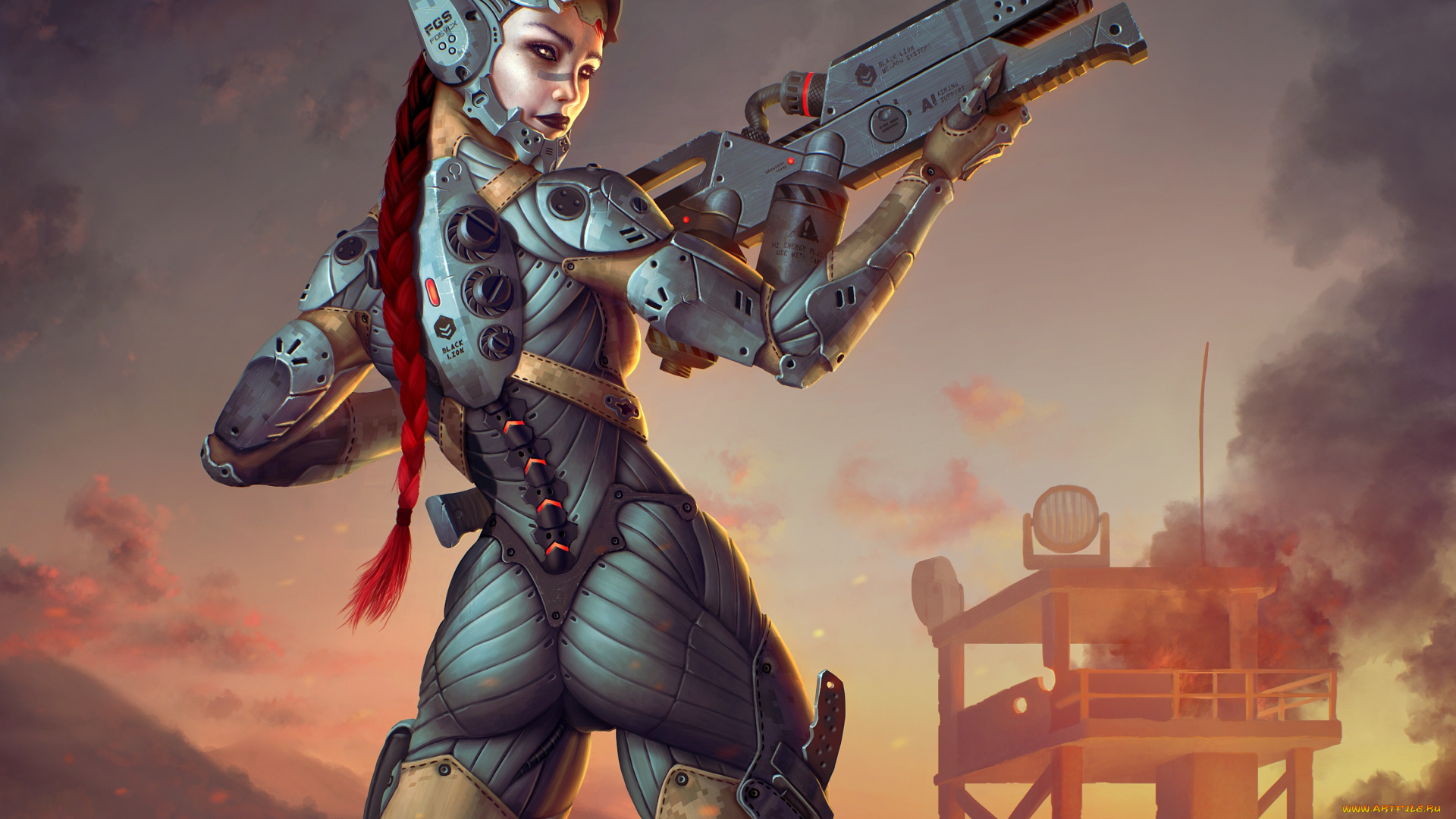 фэнтези, девушки, костюм, фантастика, попа, девушка, волосы, задница, киборг, рыжая, взгляд, оружие