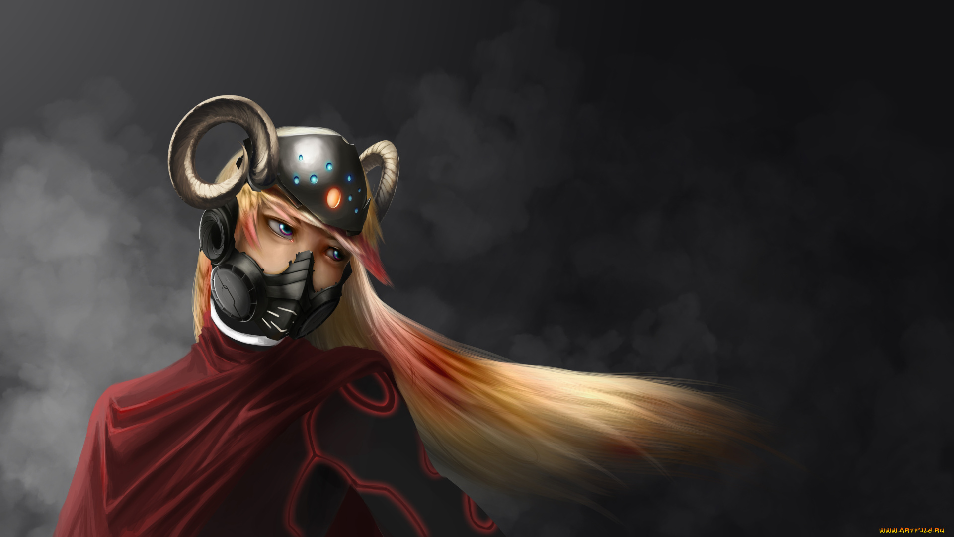 фэнтези, девушки, шлем, лицо, девушка, маска, рога, блондинка, арт, взгляд