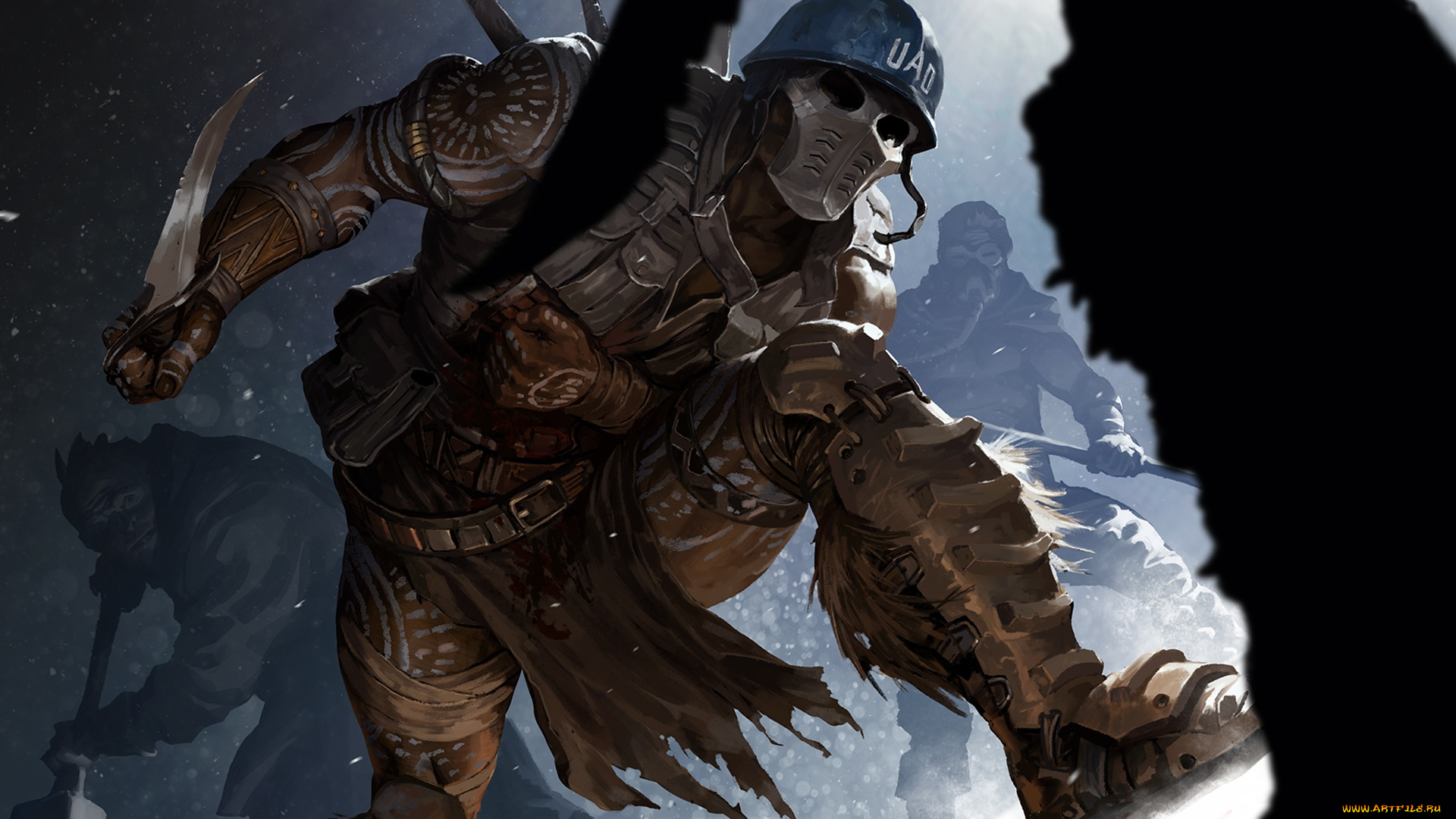 фэнтези, люди, костюм, маска, защита, солдат, нож, схватка, шлем, арт, наемник