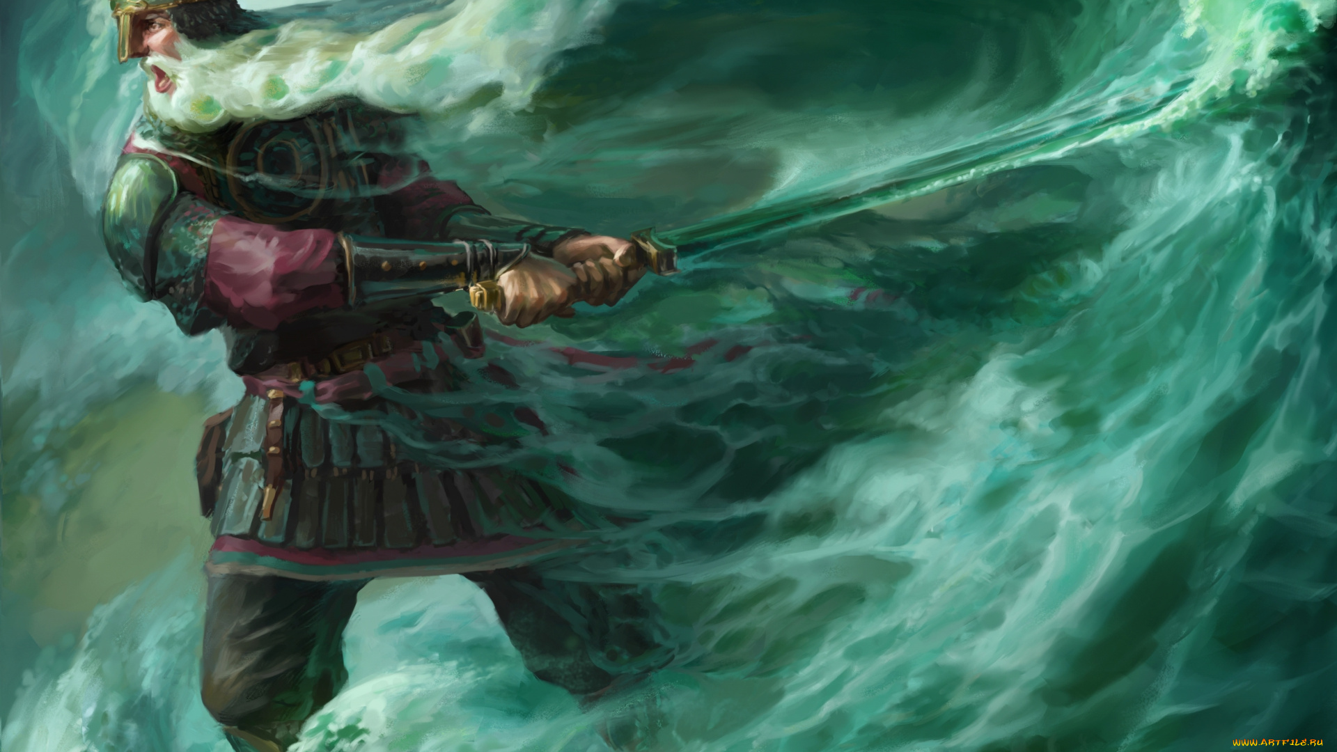 фэнтези, люди, сказка, черномор, лукоморье, арт, меч, волны, море