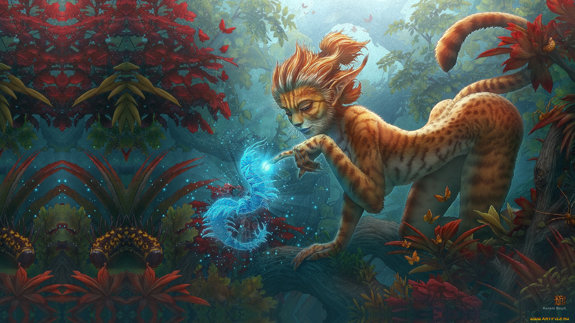 фэнтези, существа, лес, fantasy, art, kerembeyit, фантастика, девушка