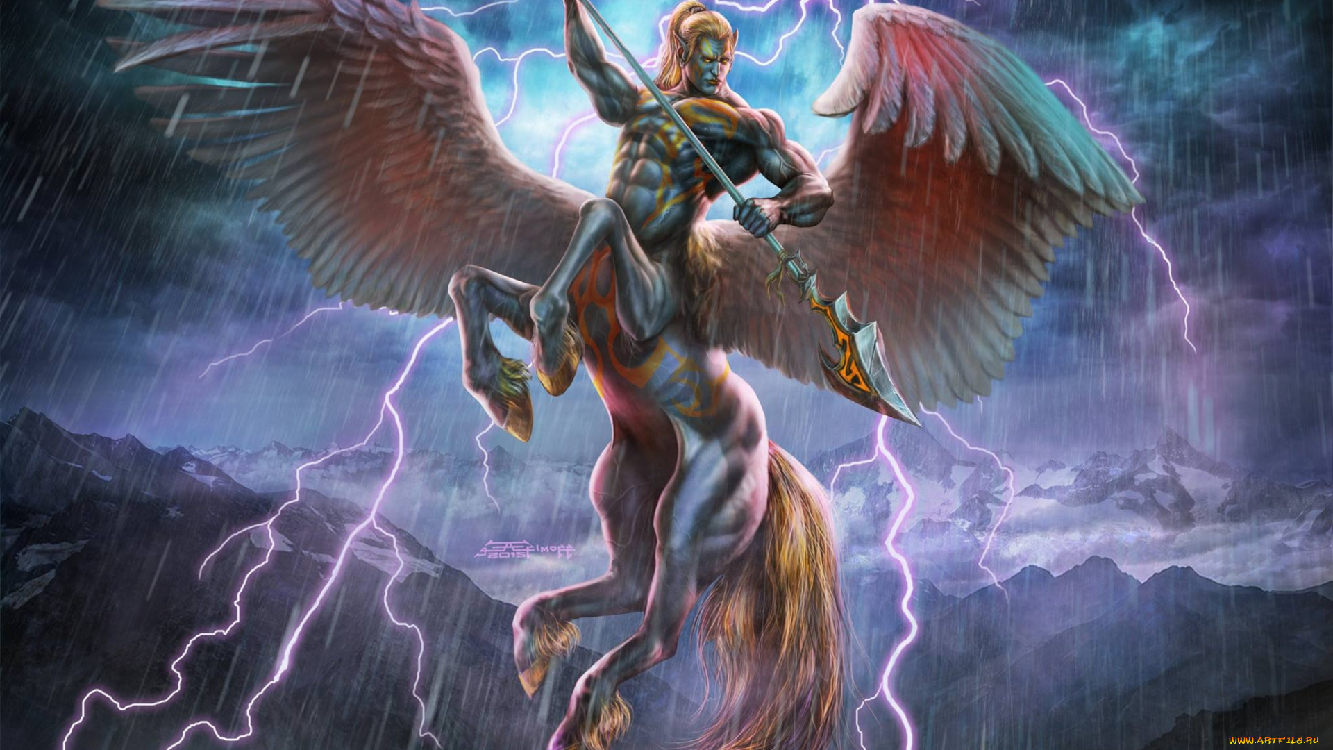 фэнтези, существа, pegasuscentaur, горы, молния, edikt, art, пегасокентавр