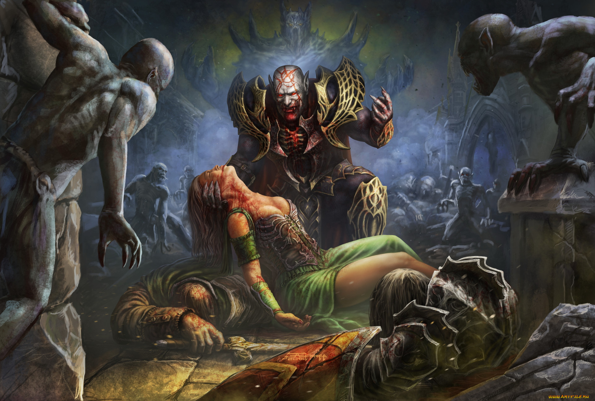 фэнтези, вампиры, пещера, существа, жертва, вампир