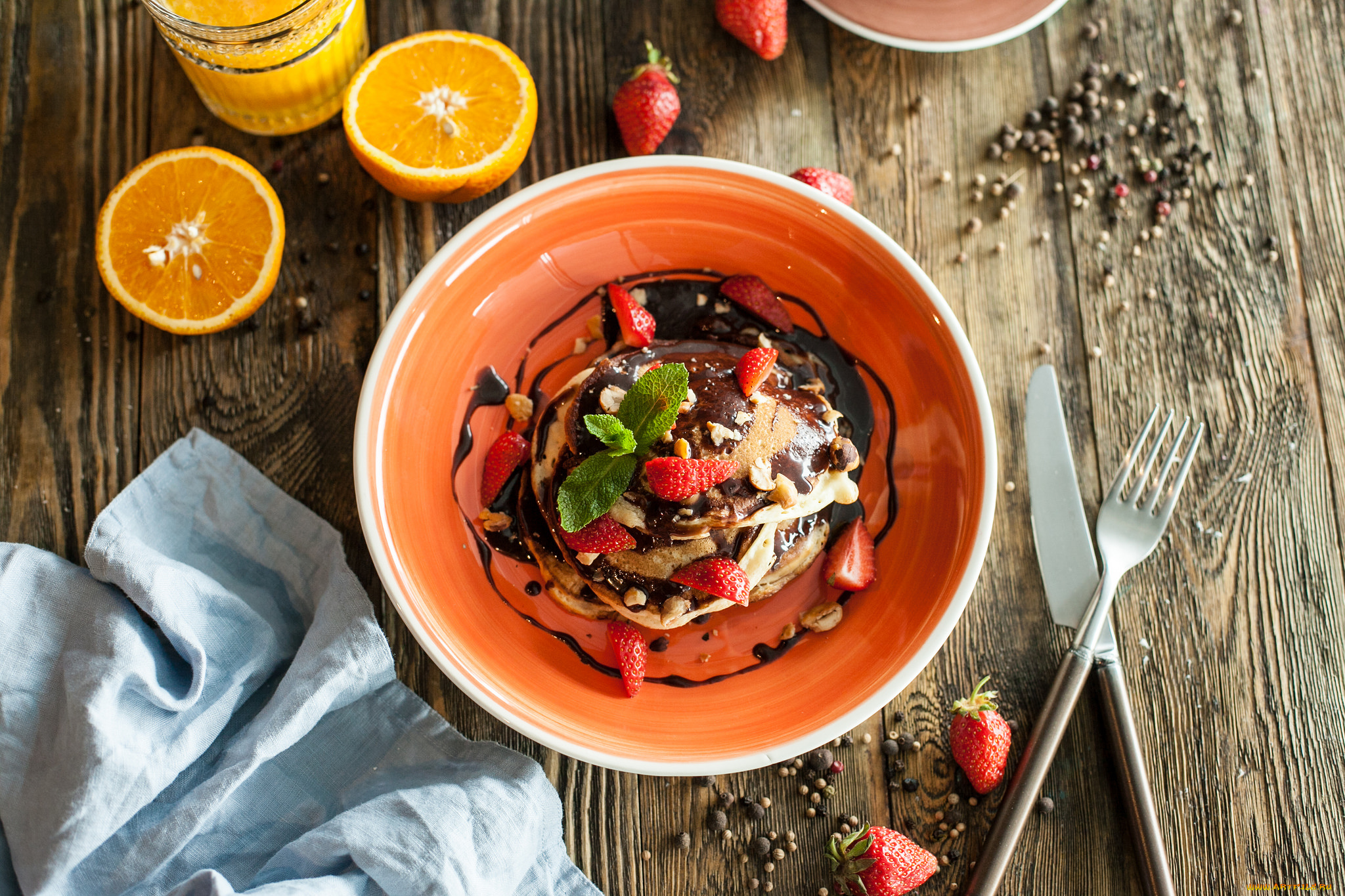 еда, блины, , оладьи, шоколад, завтрак, клубника, оладьи