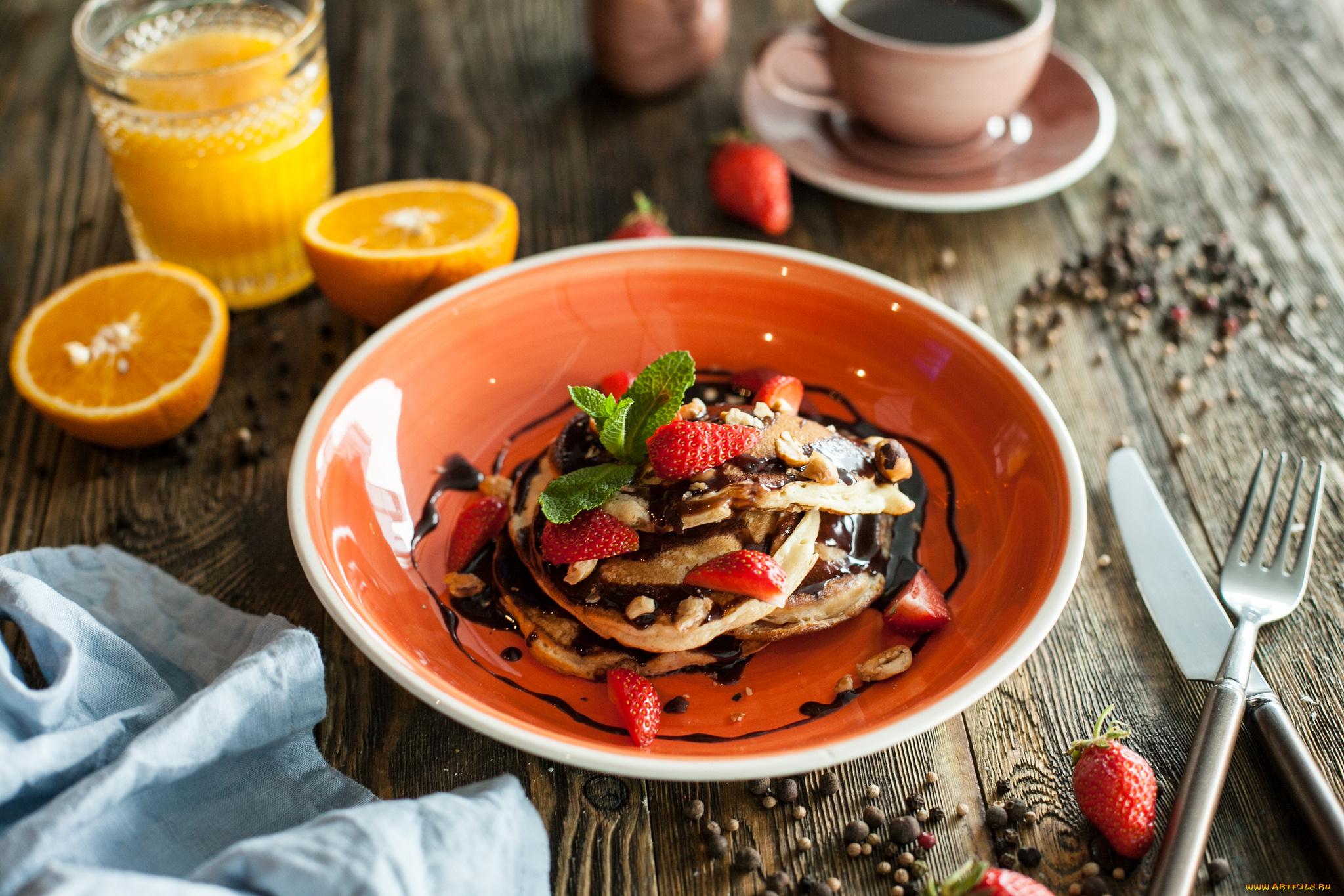 еда, блины, , оладьи, завтрак, цитрус, клубника, ягоды, оладьи