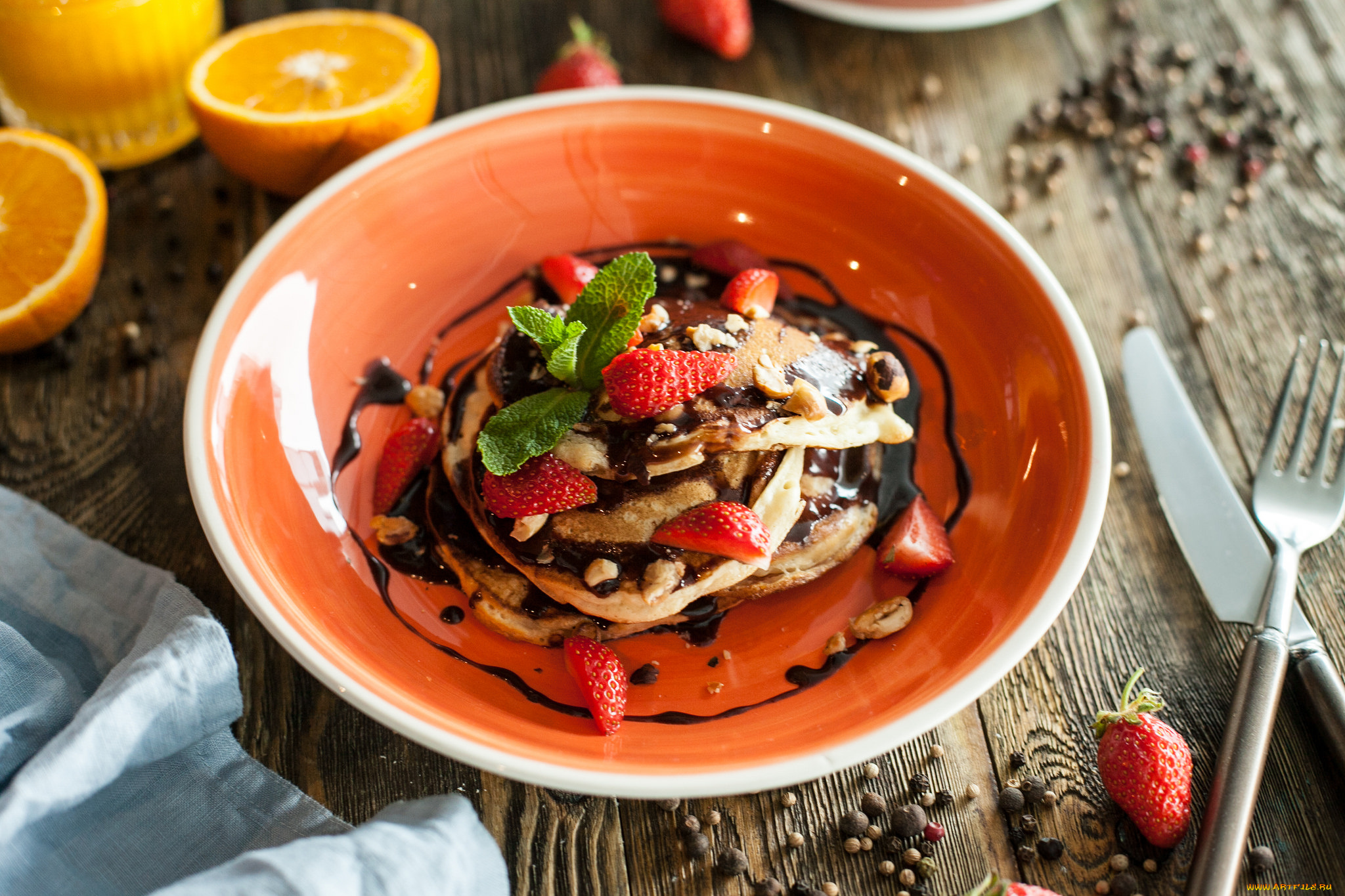 еда, блины, , оладьи, завтрак, шоколад, клубника, оладьи