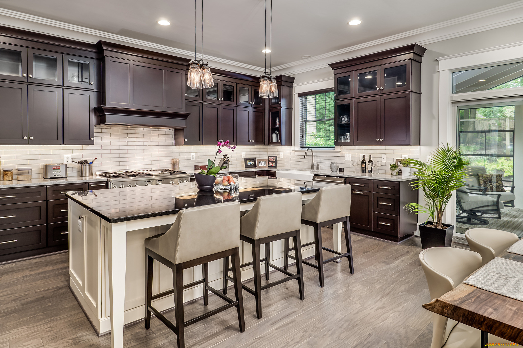 интерьер, кухня, стиль, люстры, цветы