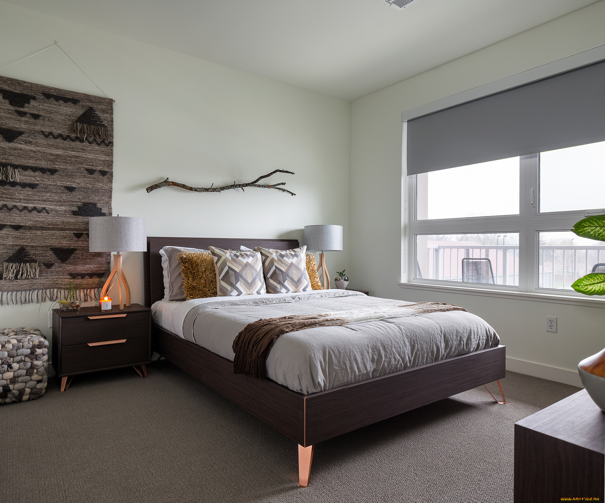 интерьер, спальня, стиль, штора, люстра, кресло, кровать