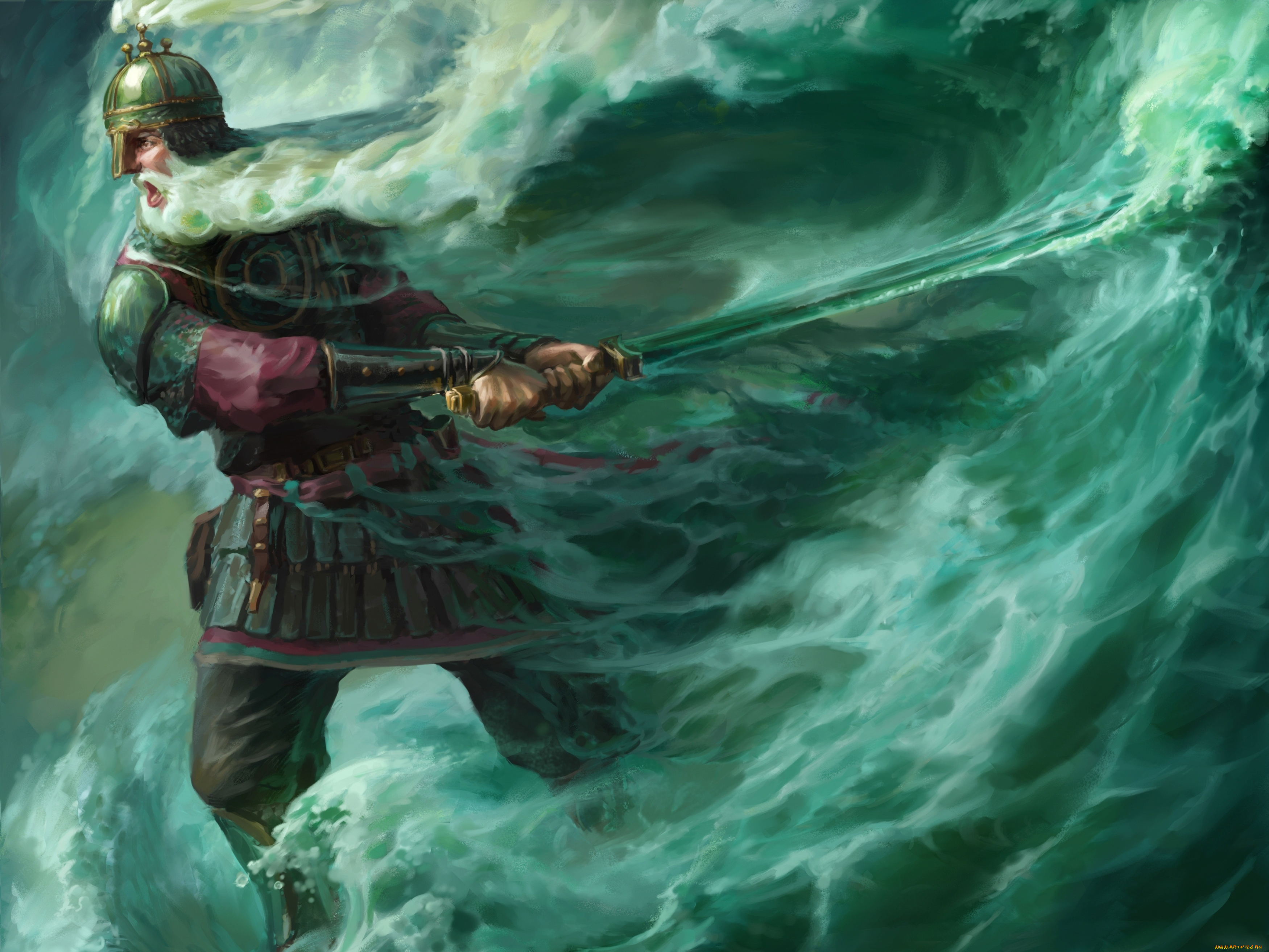 фэнтези, люди, сказка, черномор, лукоморье, арт, меч, волны, море