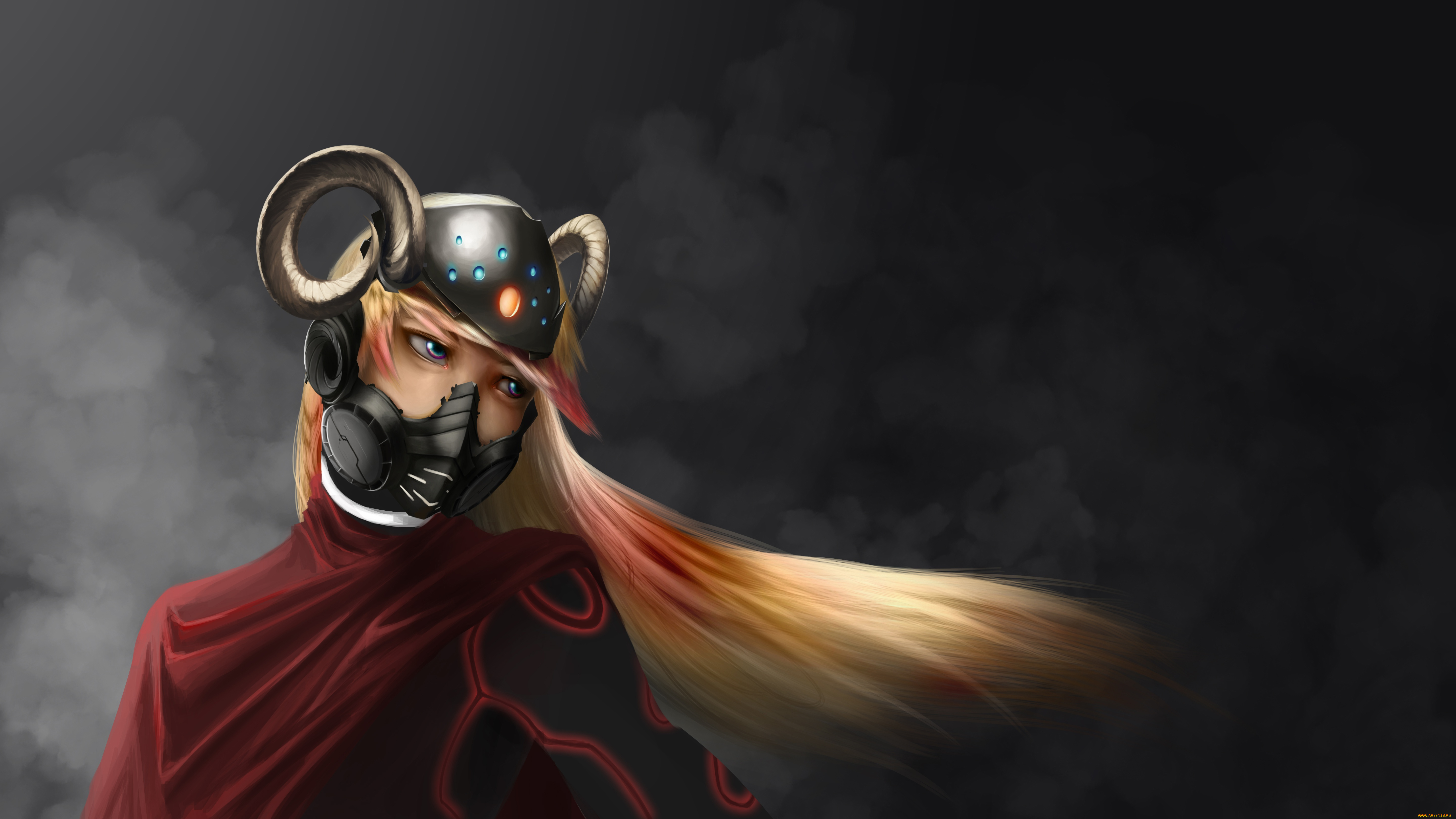 фэнтези, девушки, шлем, лицо, девушка, маска, рога, блондинка, арт, взгляд