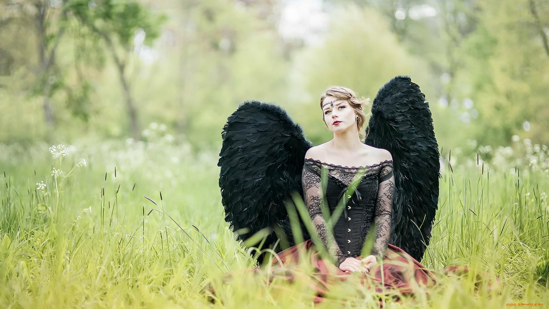 девушки, -unsort, , креатив, ангел, крылья, блондинка, платье, трава