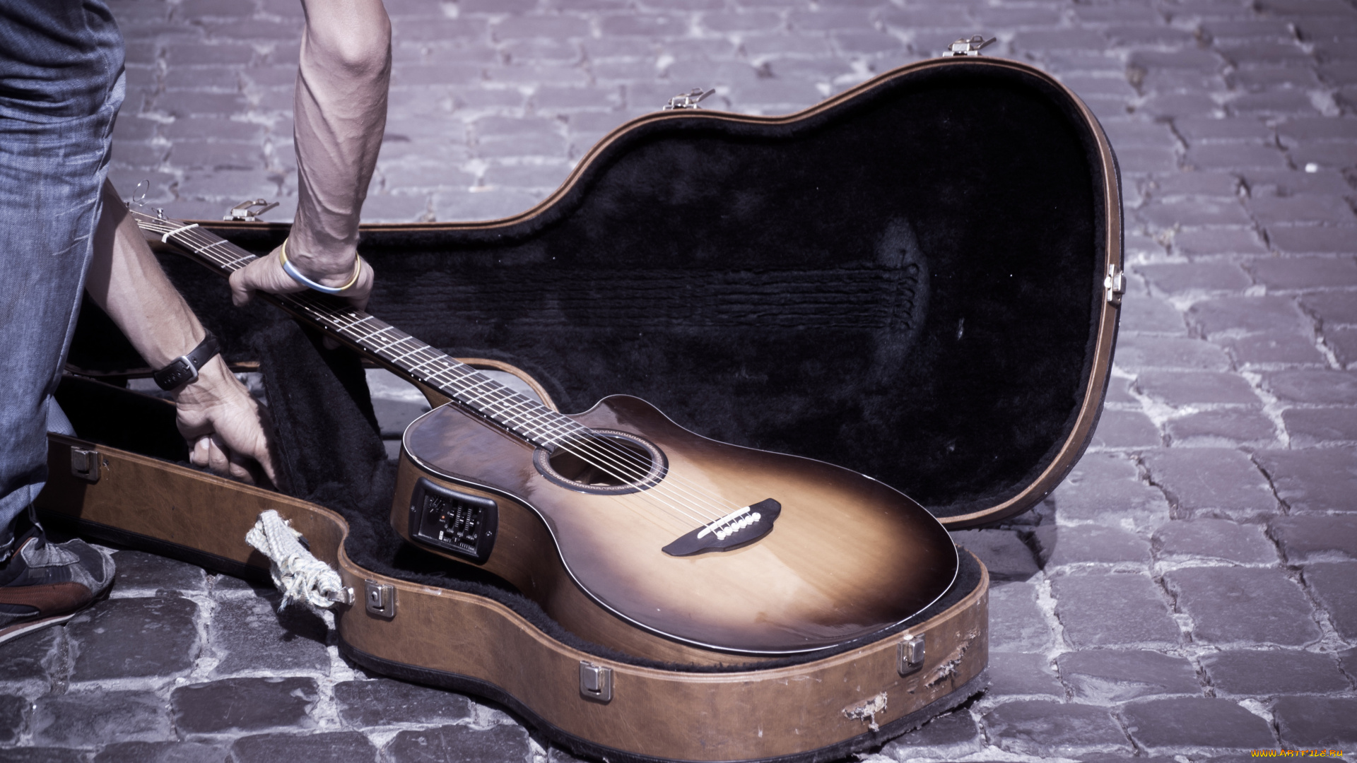 музыка, -музыкальные, инструменты, человек, улица, гитара, футляр