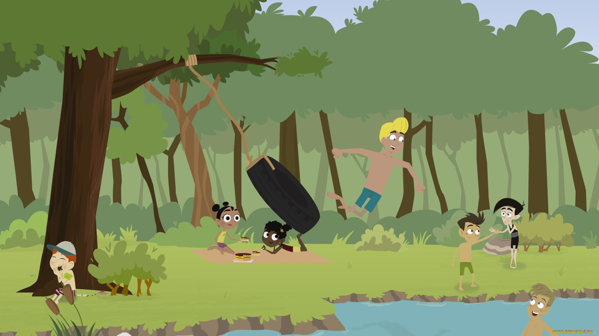 векторная, графика, дети, , children, река, лес, дети