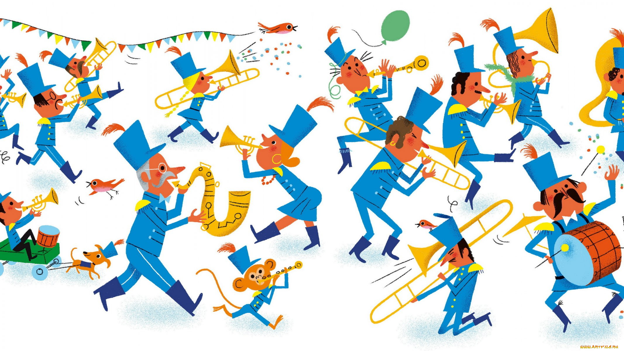 музыка, -рисованные, , графика, оркестр, барабан, труба, мужчина, обезьяна