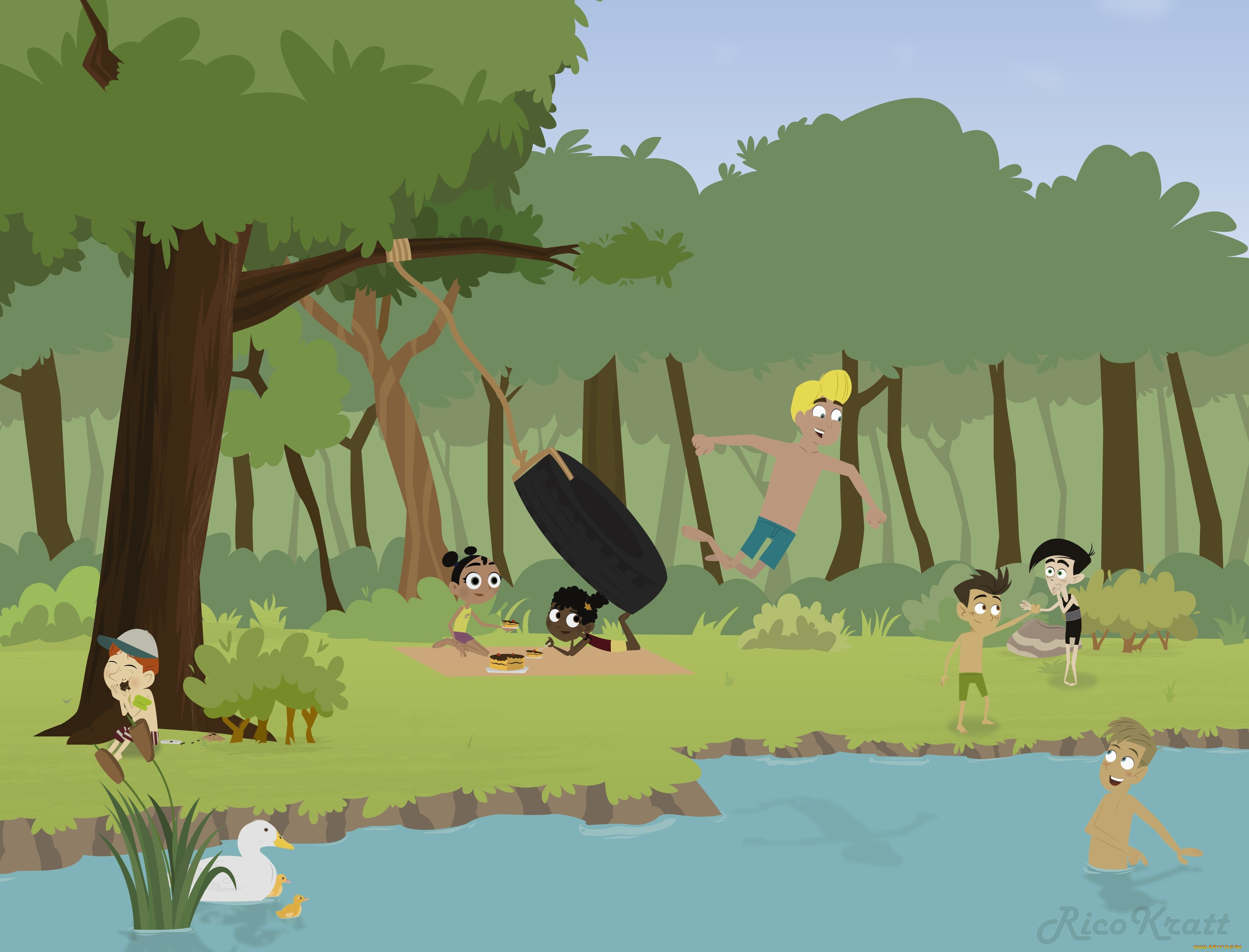 векторная, графика, дети, , children, река, лес, дети