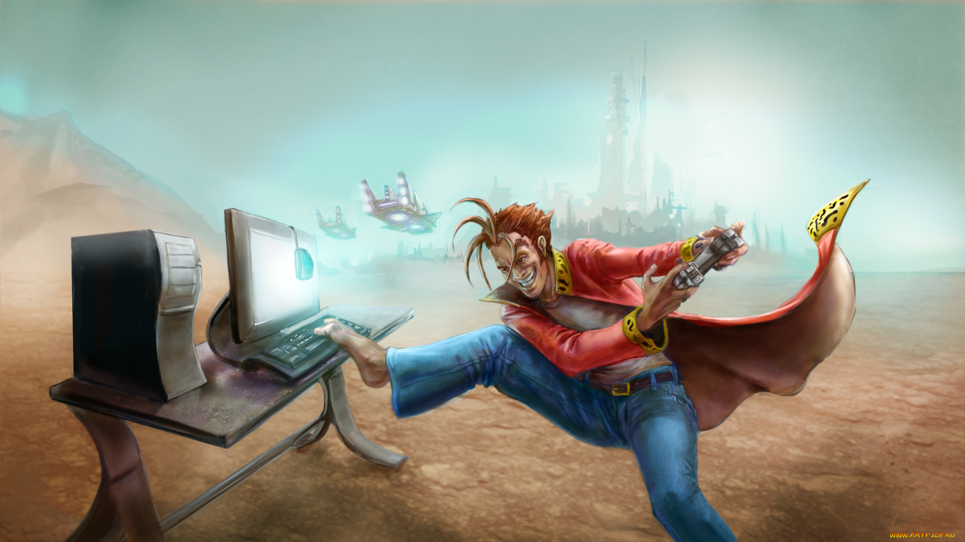 рисованное, люди, мужчина, фон, компьютер, геймер