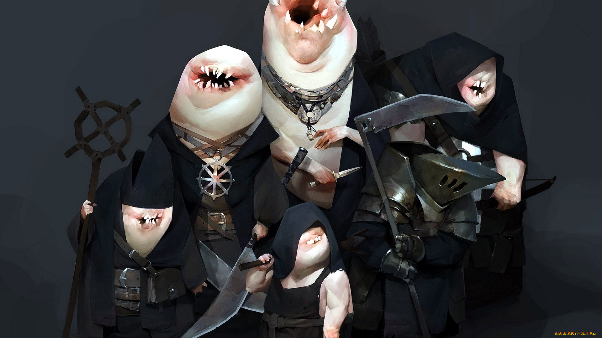 фэнтези, существа, монстры, плащи, оружие, семья