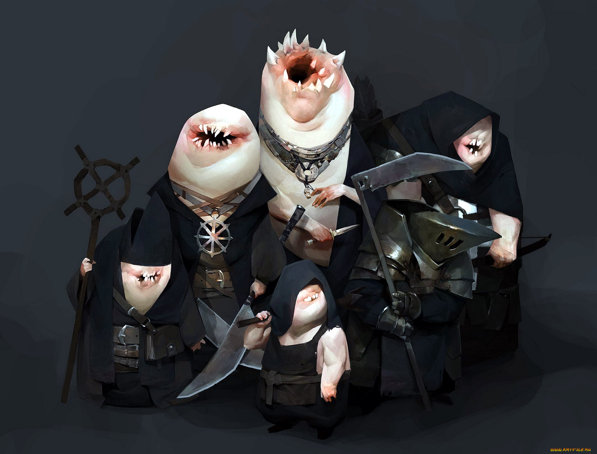 фэнтези, существа, монстры, плащи, оружие, семья