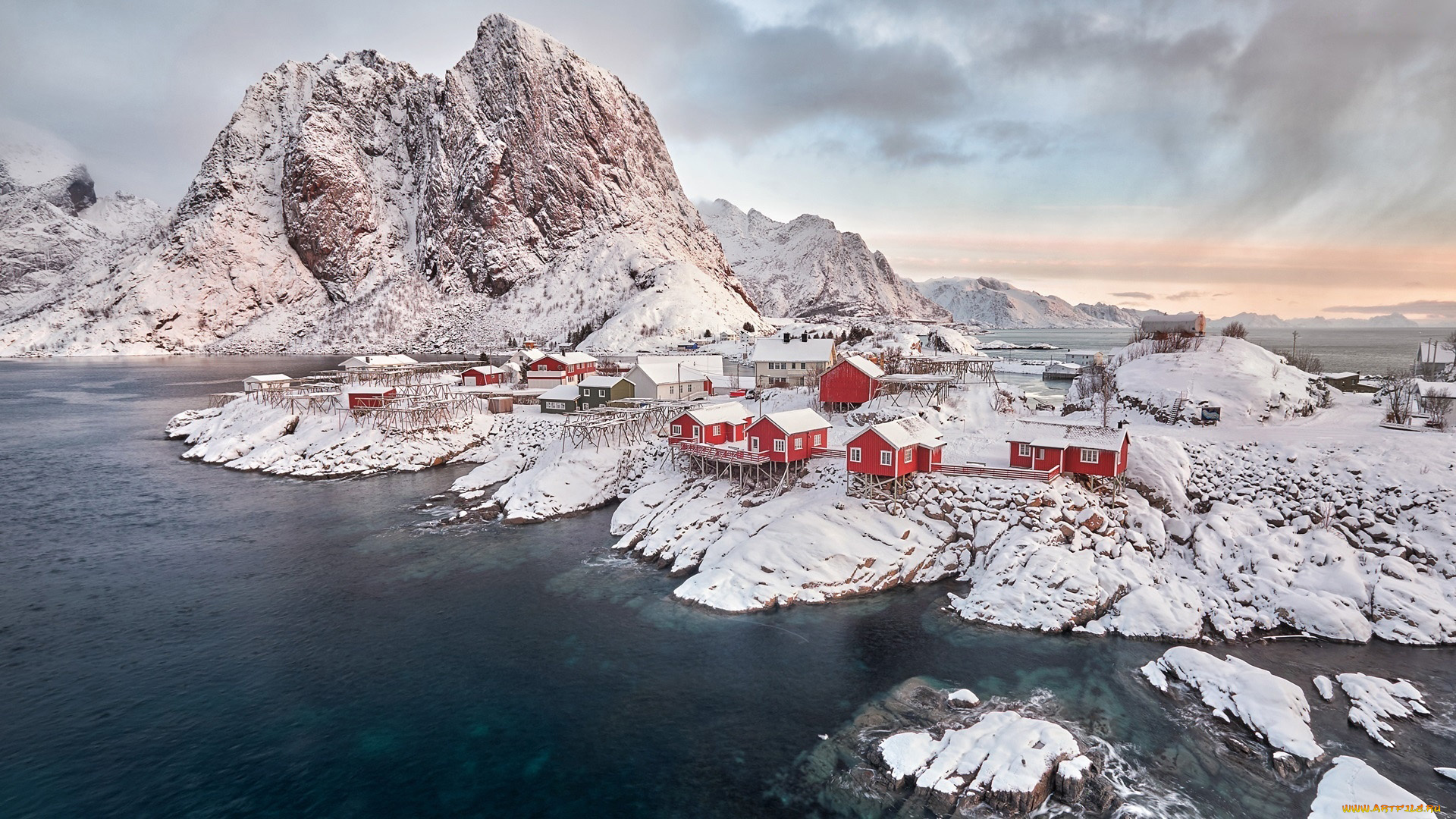 города, лофотенские, острова, , норвегия, горы, фьорд, дома, зима, снег