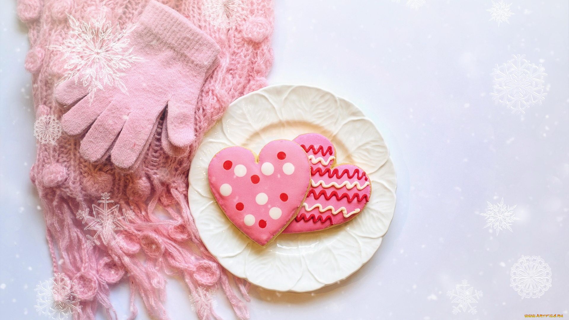 3д, графика, праздники, , holidays, шарф, перчатки, снежинки, тарелка, пряники, сердечки