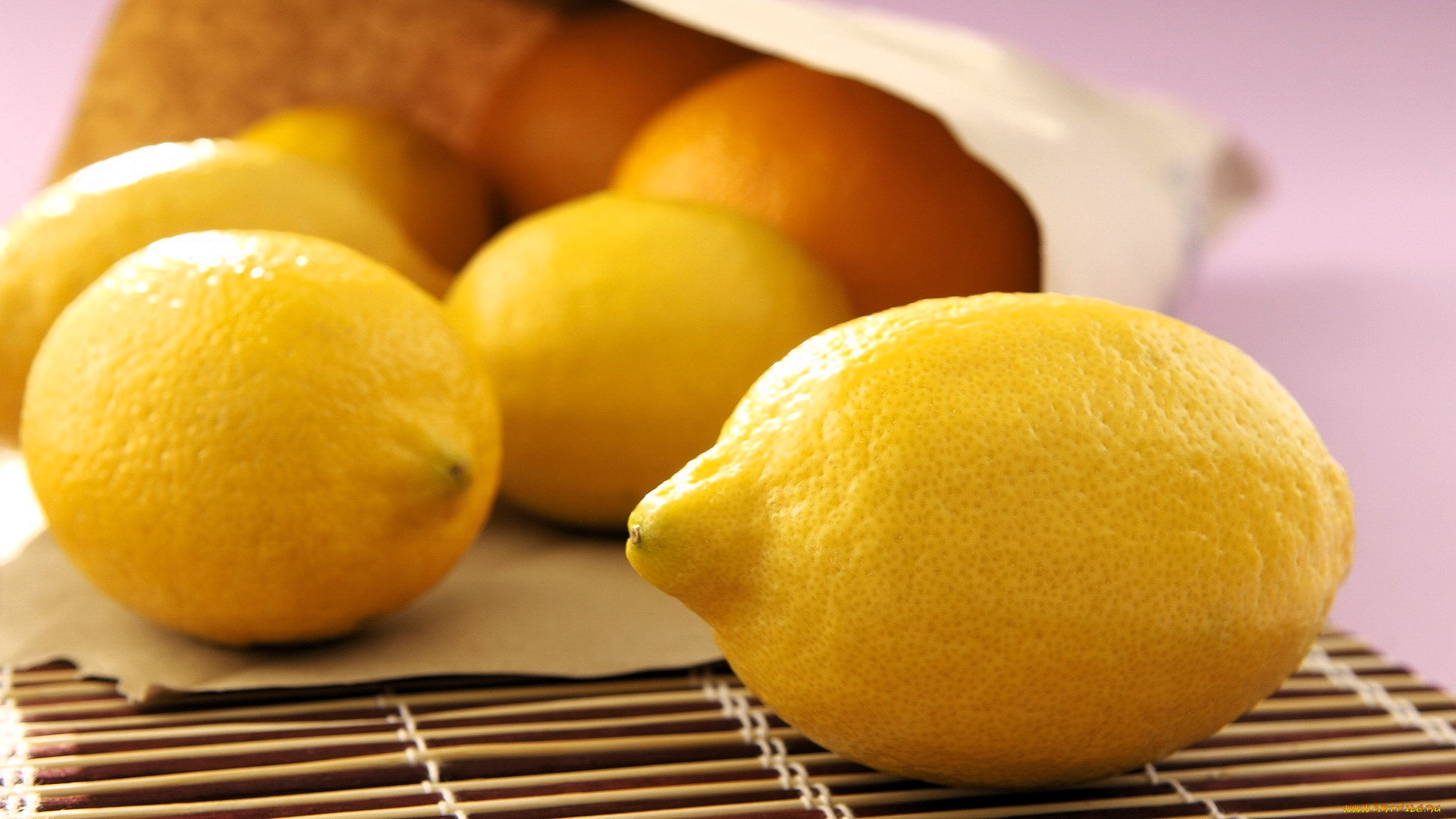 еда, цитрусы, лимоны, пакет, коврик