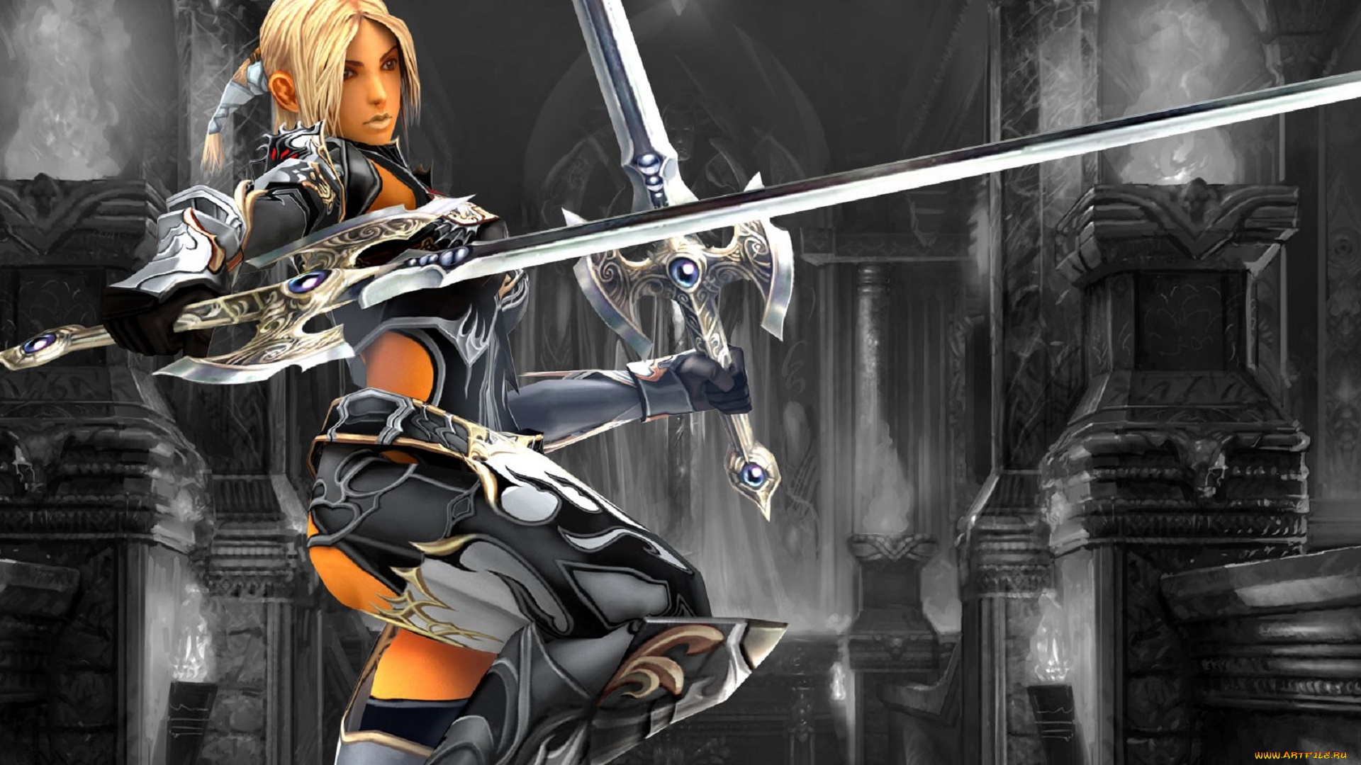 видео, игры, lineage, ii, , the, chaotic, chronicle, девушка, блондинка, мечи, броня, колонны