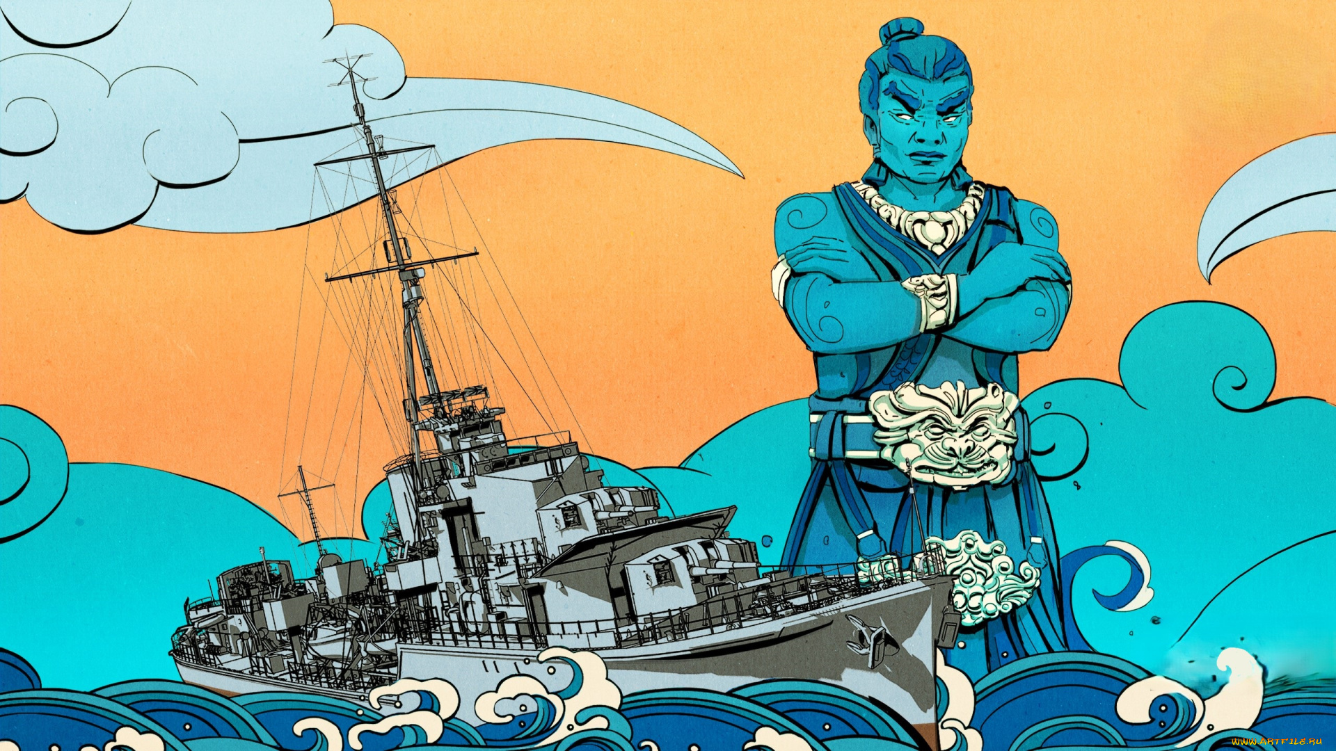 видео, игры, world, of, warships, корабль, море, самурай