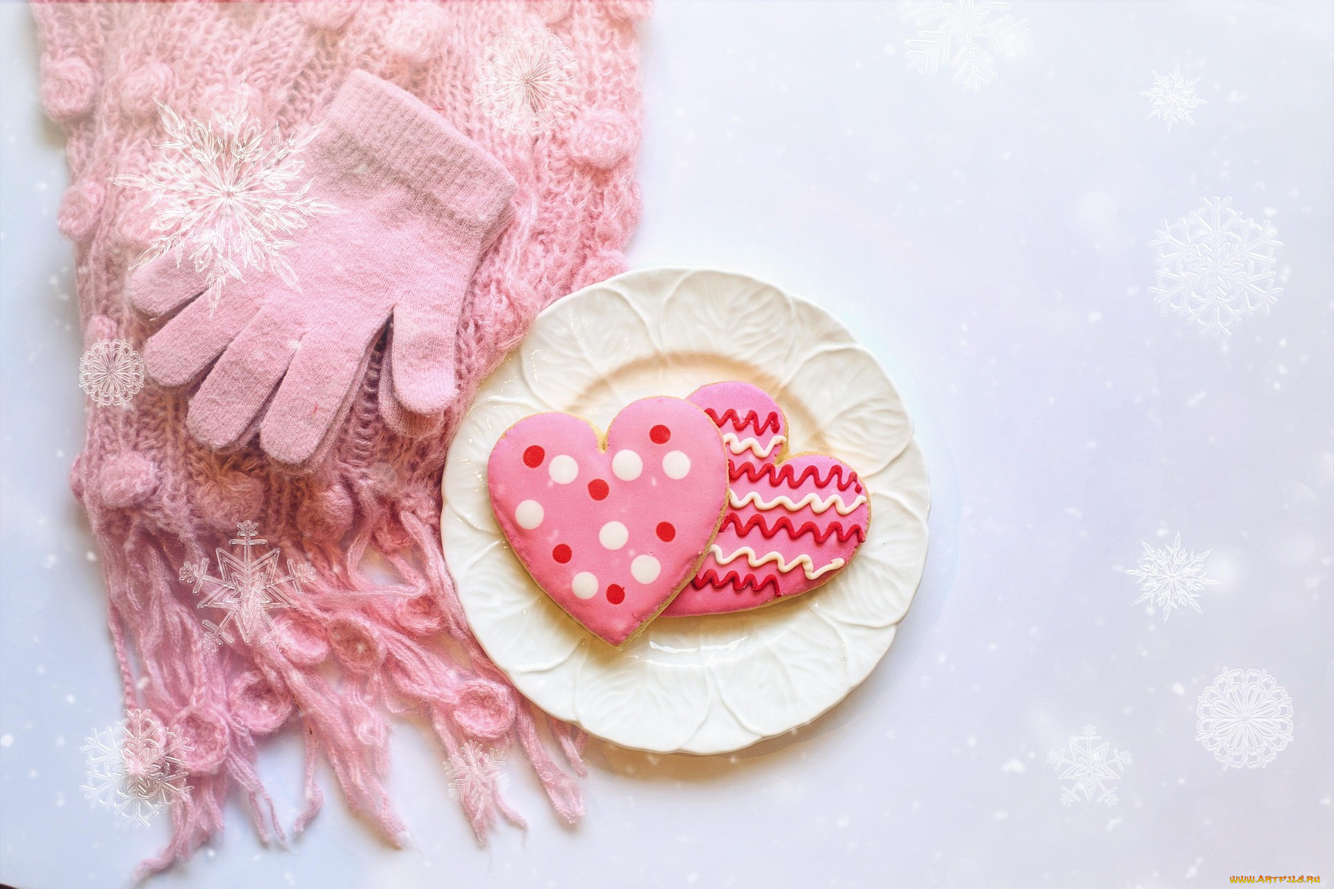 3д, графика, праздники, , holidays, шарф, перчатки, снежинки, тарелка, пряники, сердечки
