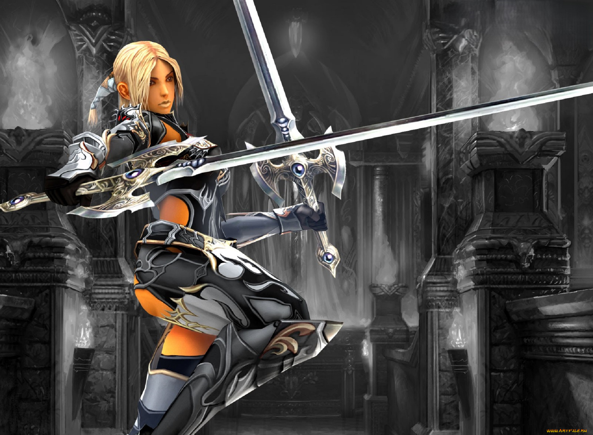 видео, игры, lineage, ii, , the, chaotic, chronicle, девушка, блондинка, мечи, броня, колонны