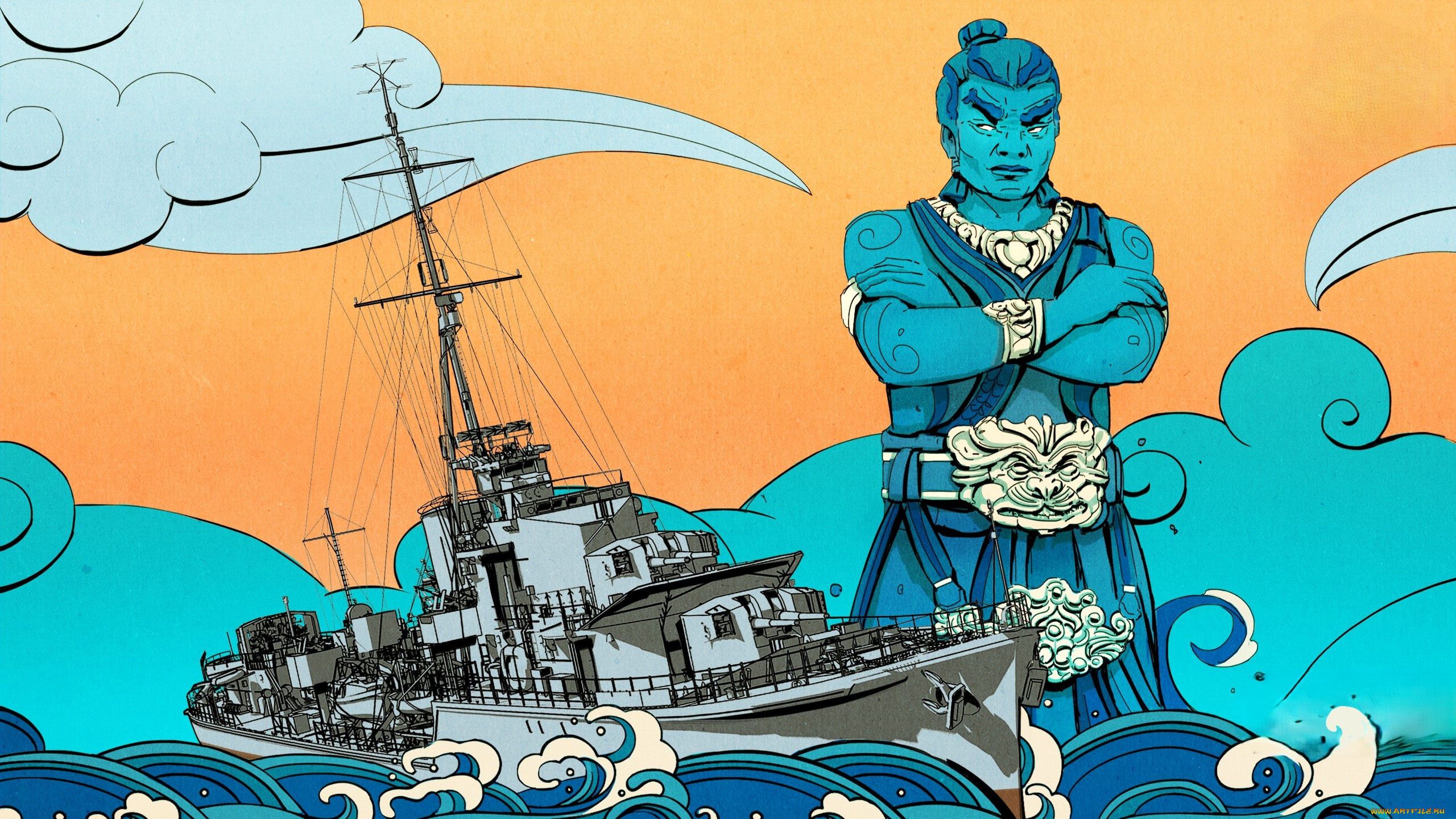 видео, игры, world, of, warships, корабль, море, самурай