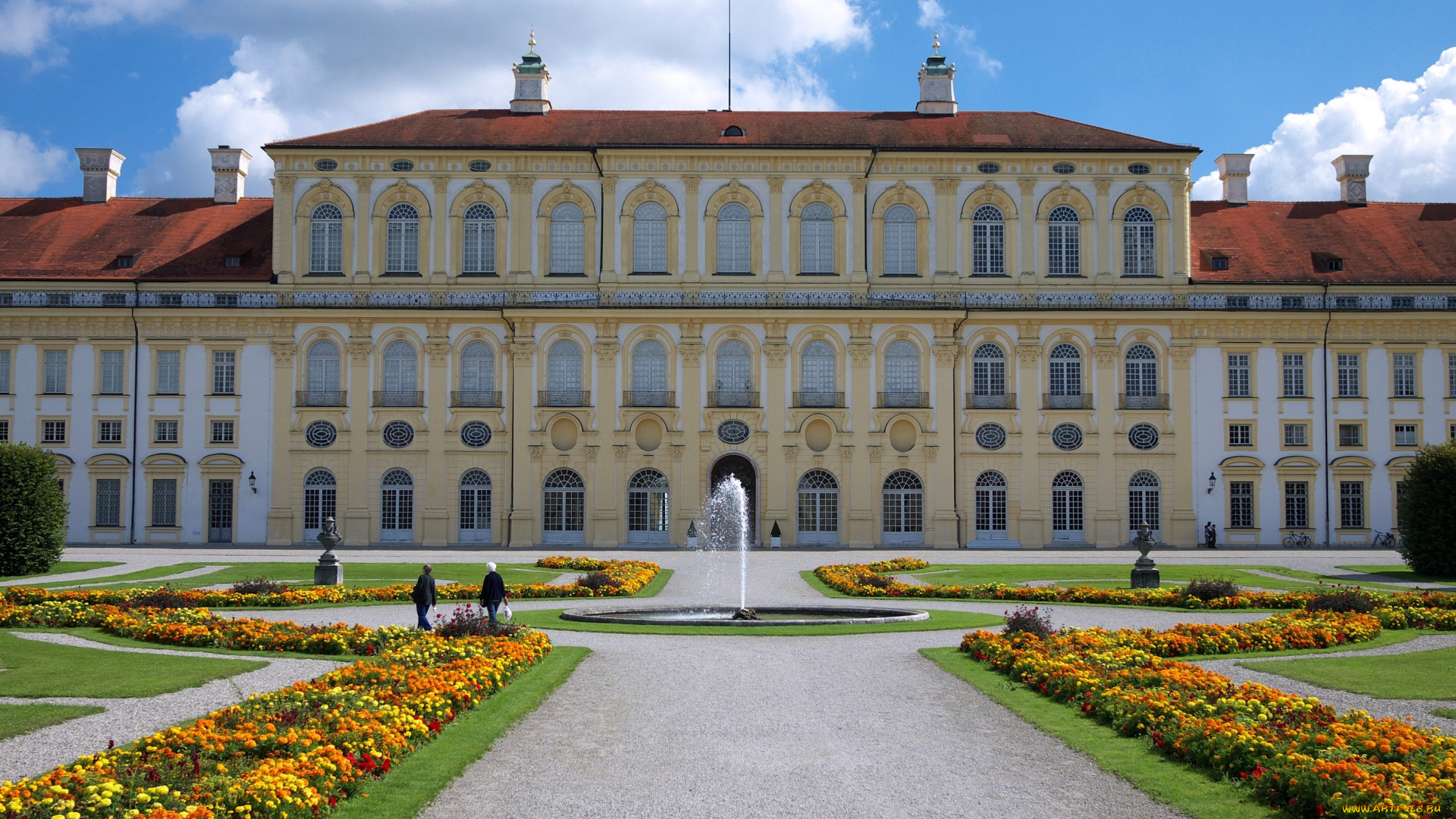 дворец, шляйссхайм, мюнхен, германия, города, дворцы, замки, крепости, окна, цветы, фонтан