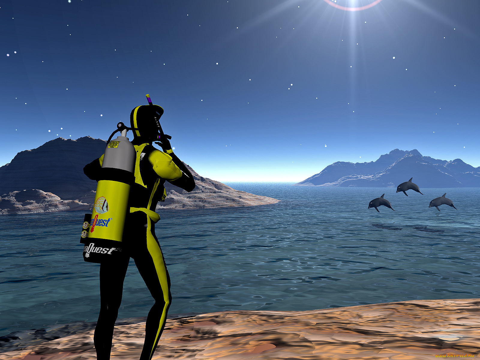 3д, графика, другое, водолаз, дельфины, море