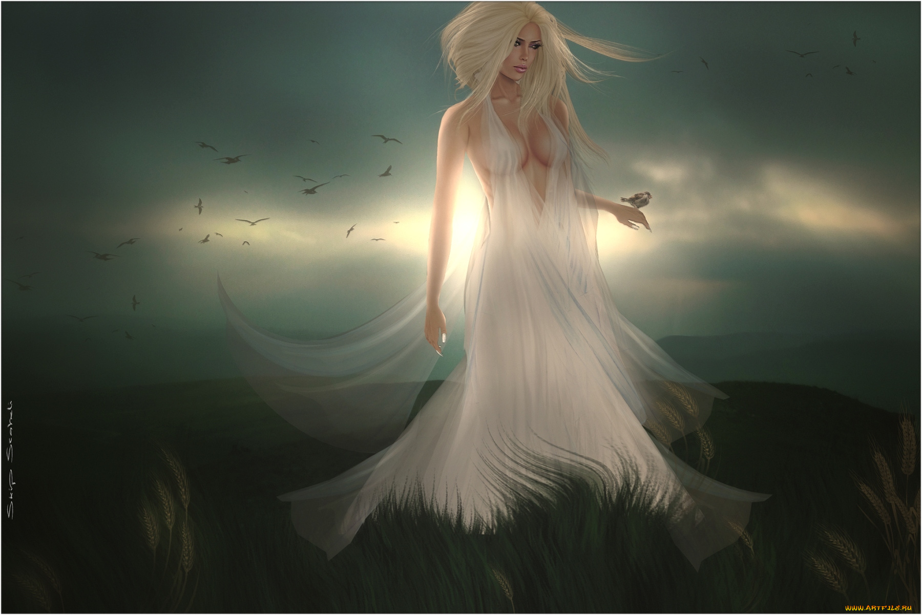 3д, графика, people, люди, блондинка, воробей, платье