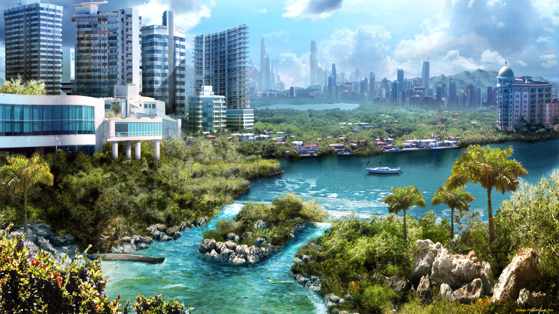 3д, графика, architecture, архитектура, яхта, корабль, камни, пальмы, река, солнечно, город